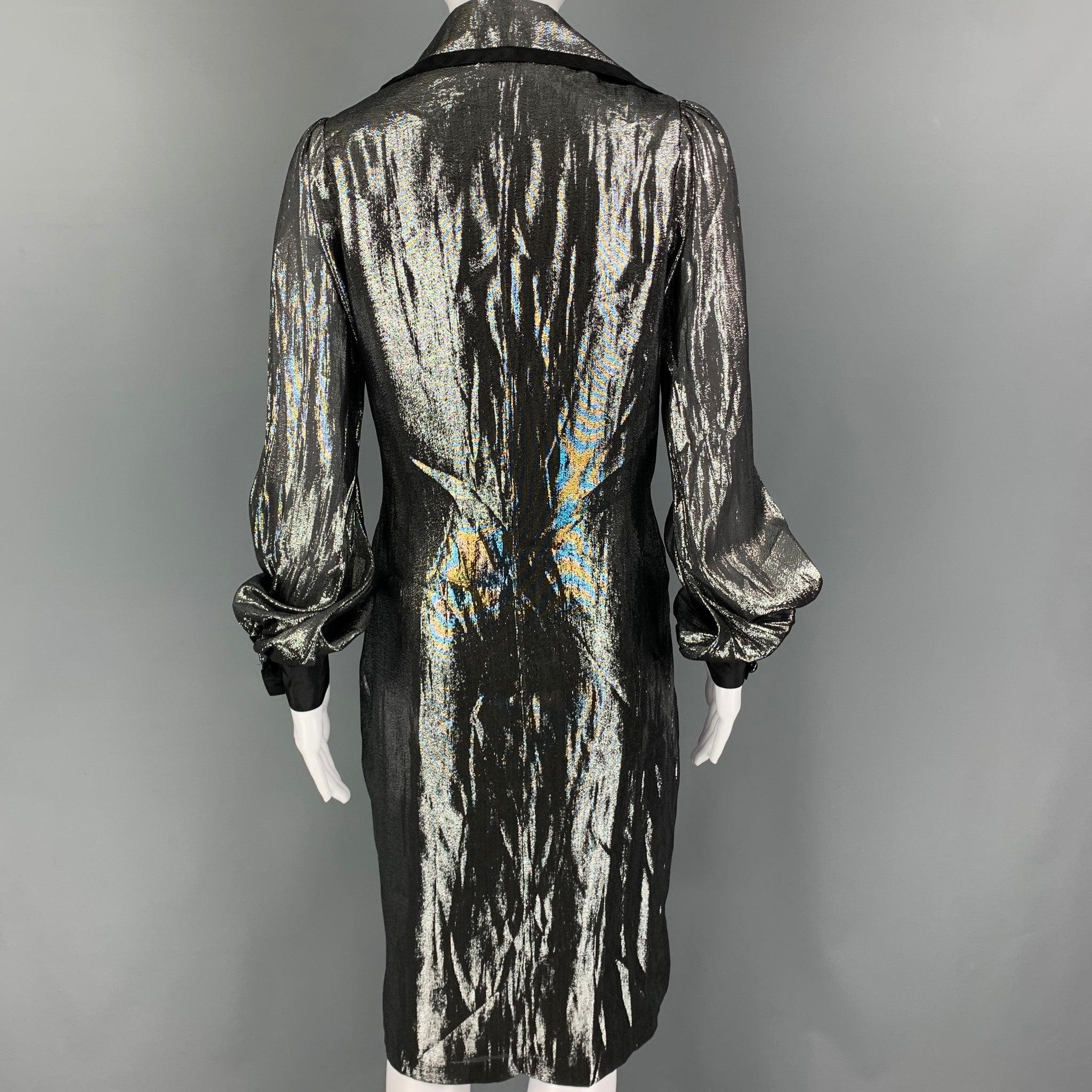 BILL BLASS Taille 2 Silver Black Silk Metallic Double Breasted Coat Pour femmes en vente
