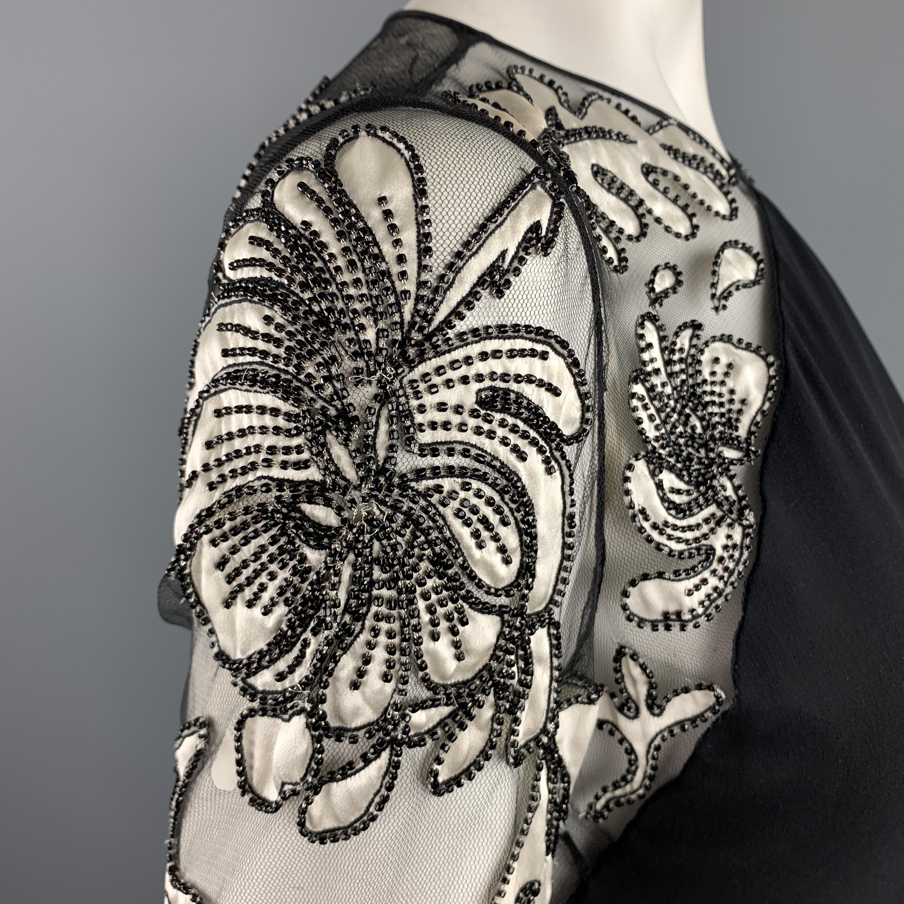 BILL BLASS Size 6 Black Cream Floral Mesh Sleeve Chiffon Gown In Fair Condition In San Francisco, CA