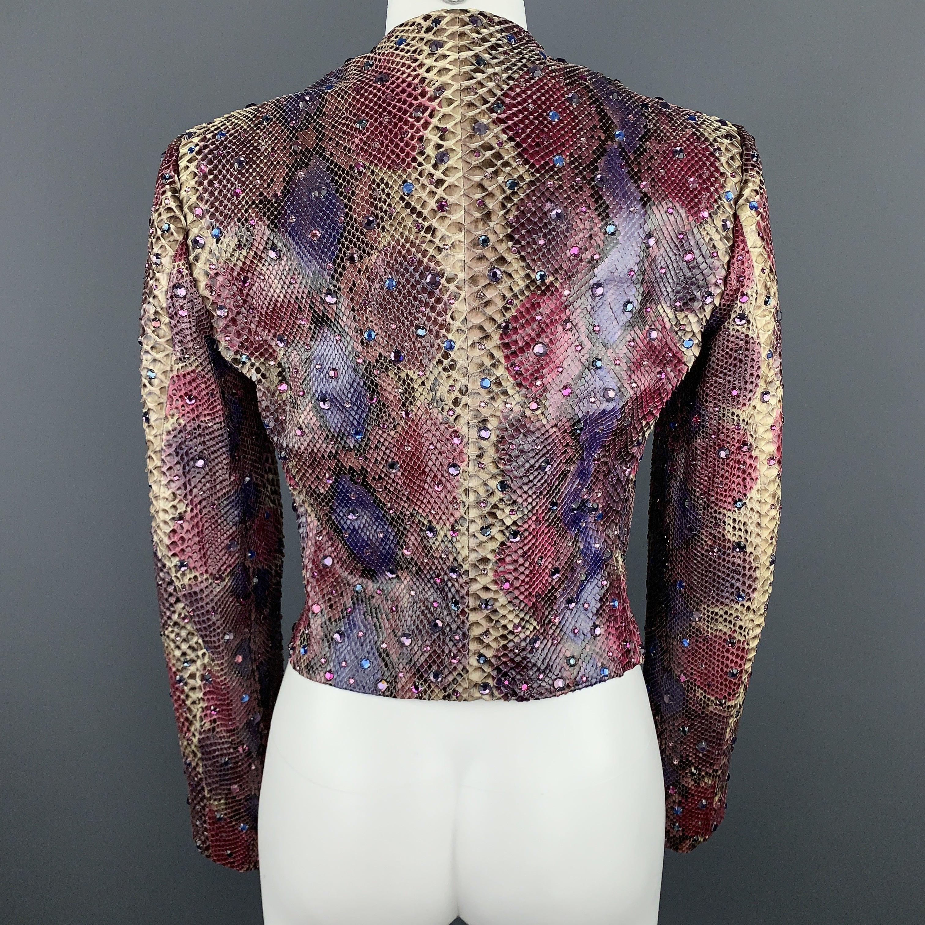 BILL BLASS Size 8 Pink & Purple Rhinestone Snake Skin Cropped Jacket For Sale 3