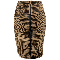 BILL BLASS Talla 8 Falda lápiz de piel de potro con estampado animal color canela
