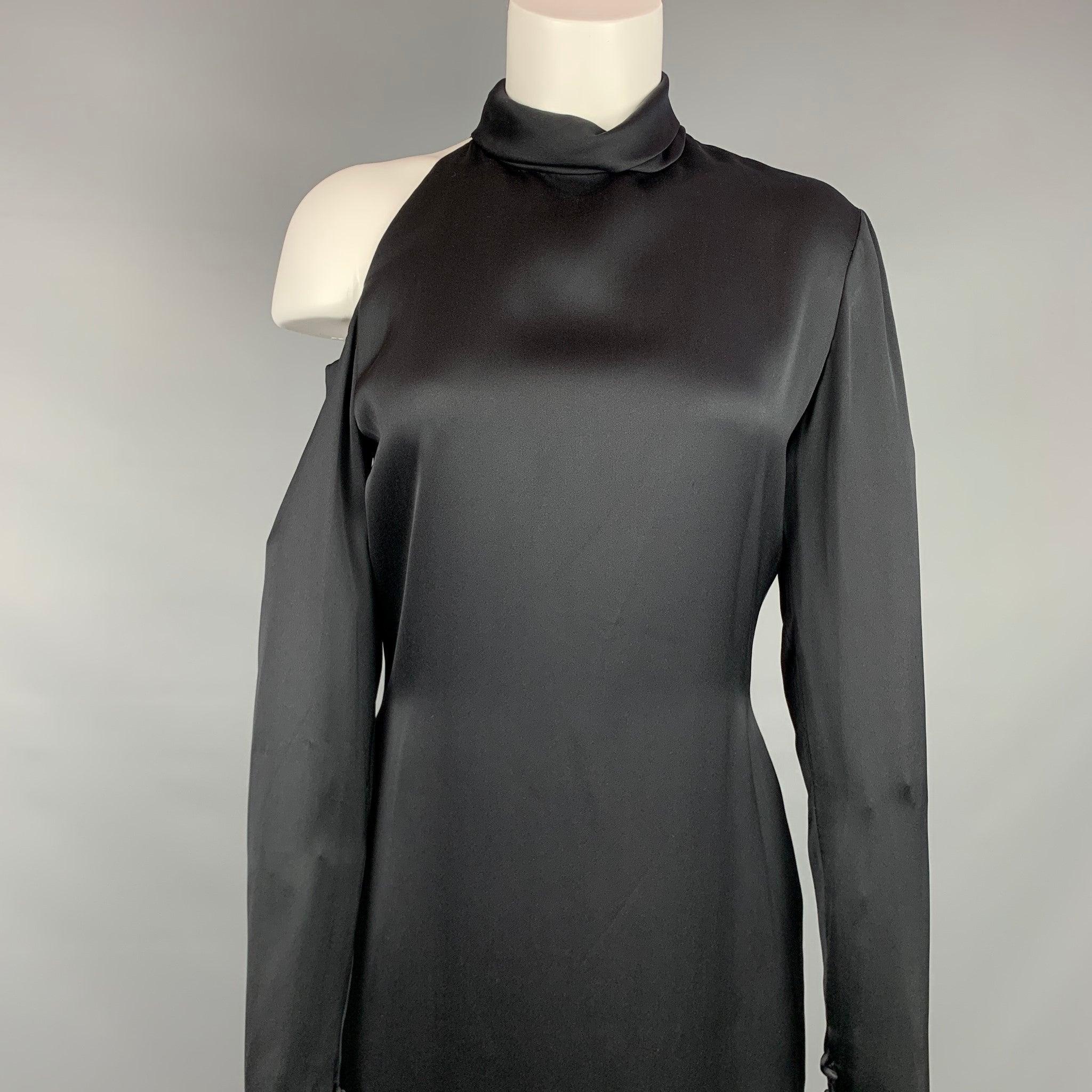 BILL BLASS cocktail dress comes in a black silk featuring a turtleneck, shoulder cut out detail, long sleeves, and a back zipper closure.
Very Good
Pre-Owned Condition. 

Marked:  Size tag removed. 

Measurements: 
 
Shoulder: 5 inches Bust: 36