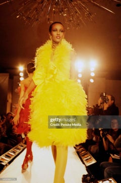 Bill Blass Spring 1980 RUNWAY Yellow Marabou Feather Halter Backless Dress