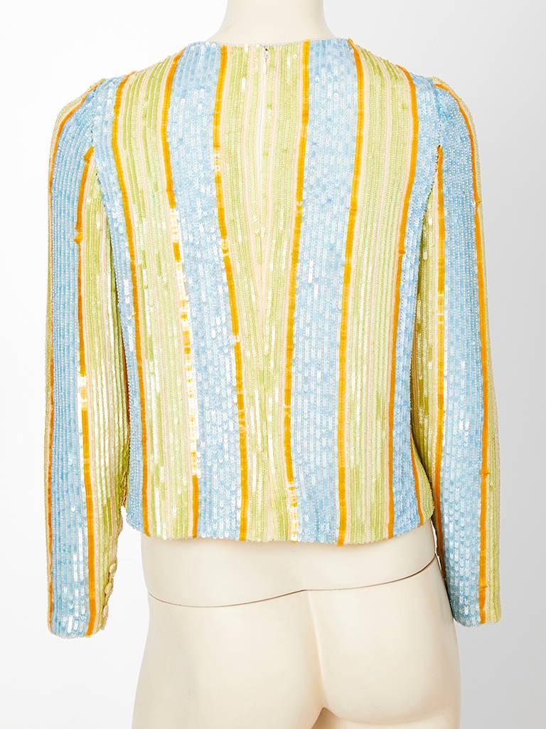 Beige Bill Blass Striped Sequined Top For Sale