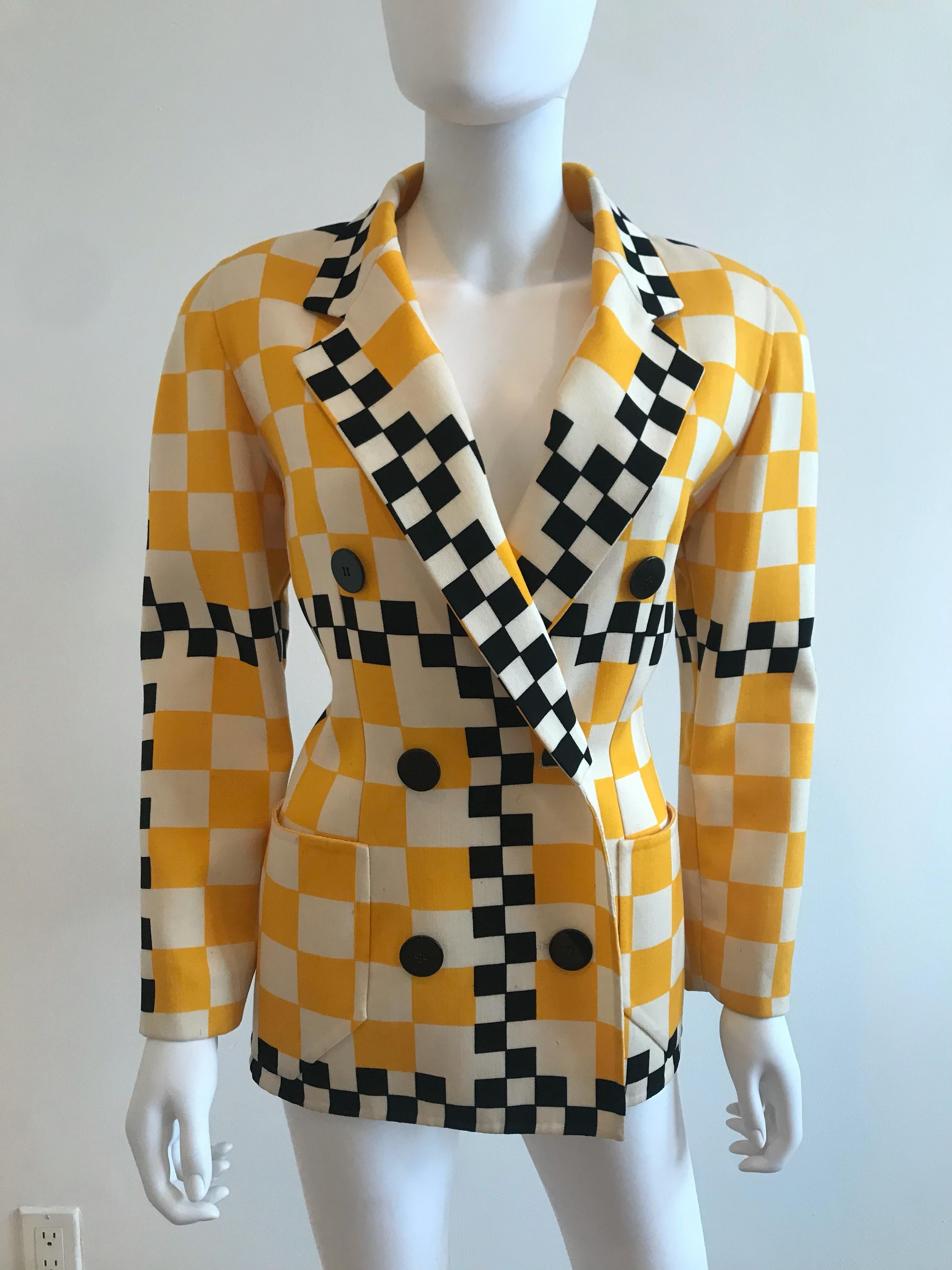 Iconic Bill Blass Taxi Checkered Print Fitted Blazer. Size US 10. 100% Wool.