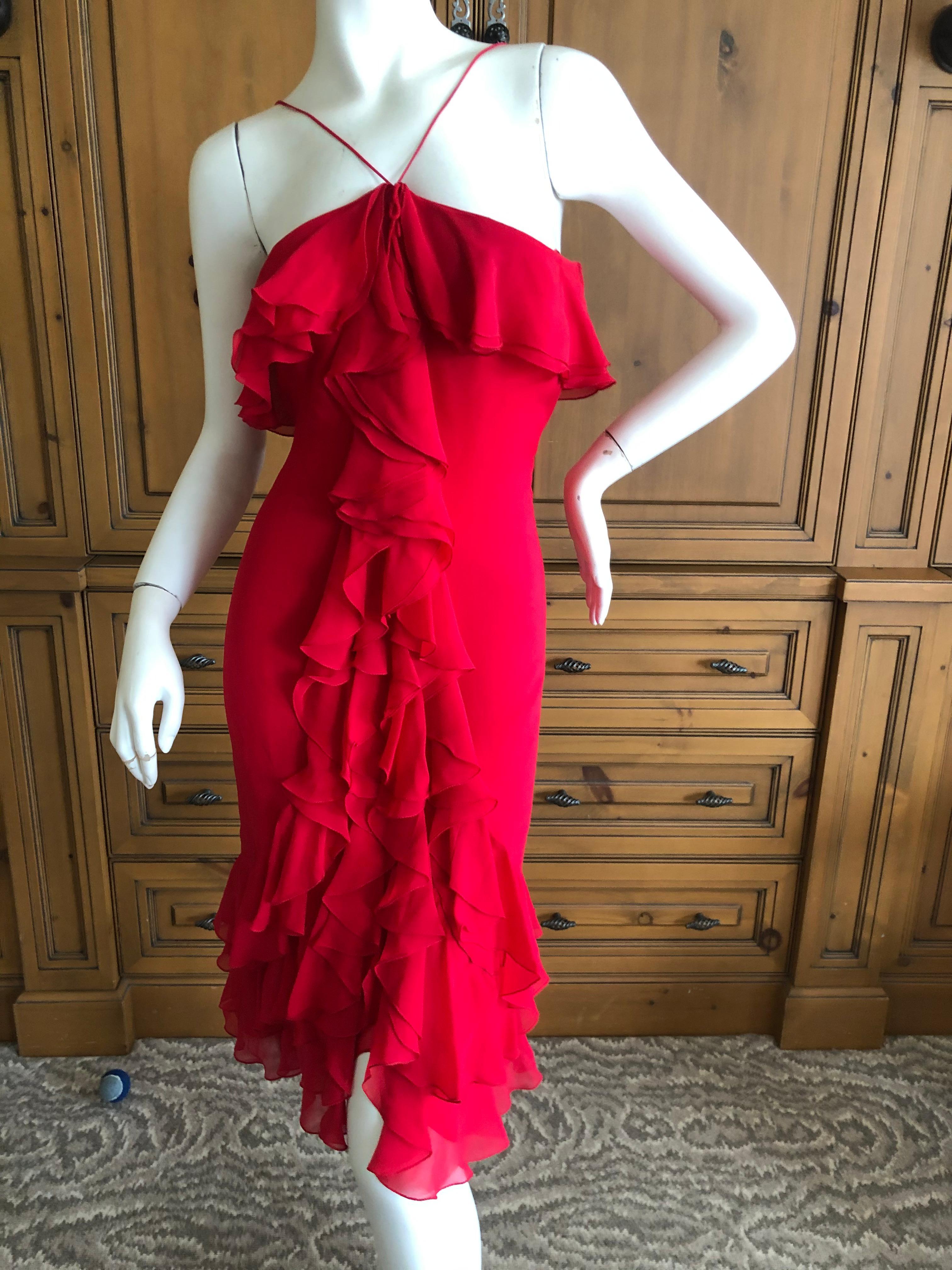 Bill Blass Vintage 1970's Ruffled Red Silk Dress  In Excellent Condition For Sale In Cloverdale, CA