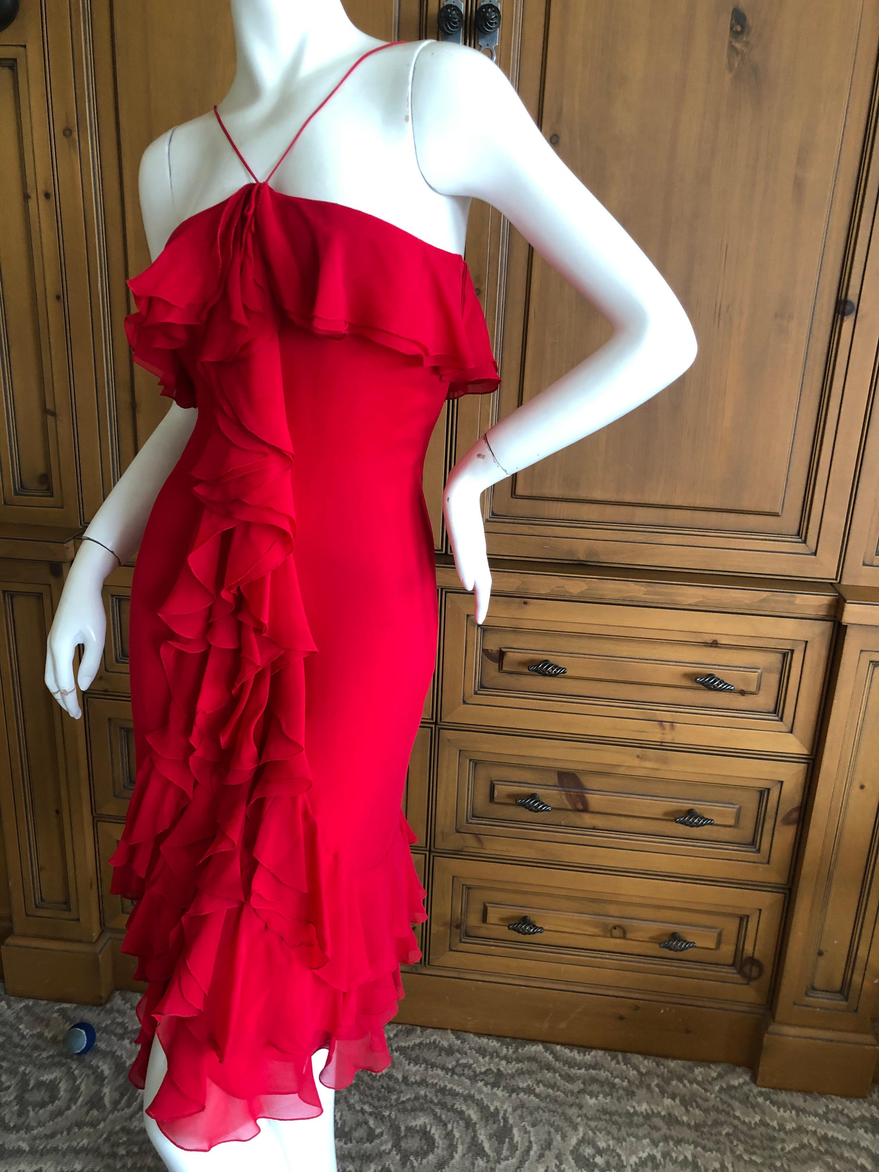 Women's Bill Blass Vintage 1970's Ruffled Red Silk Dress  For Sale