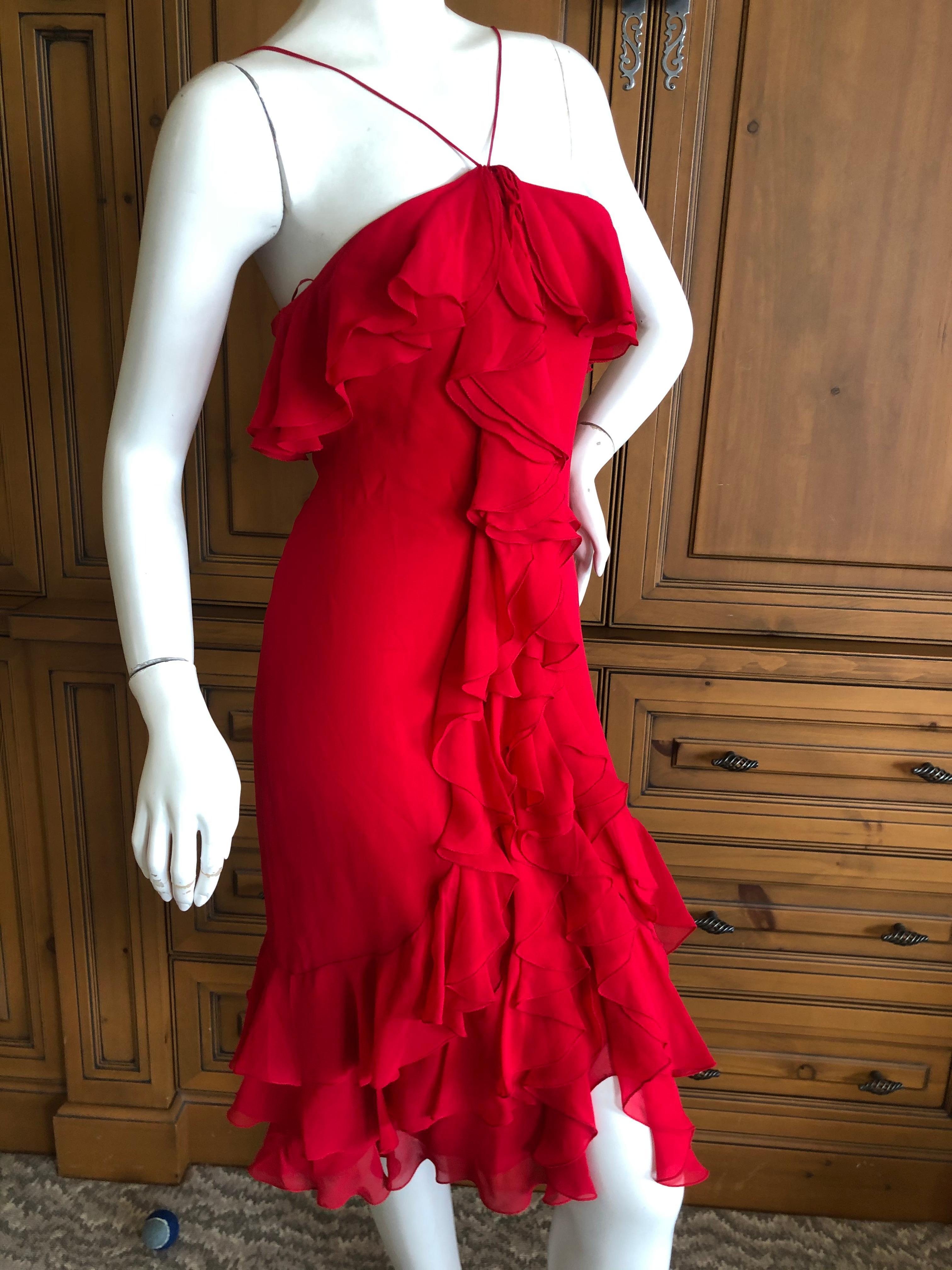 Bill Blass Vintage 1970's Ruffled Red Silk Dress  For Sale 1