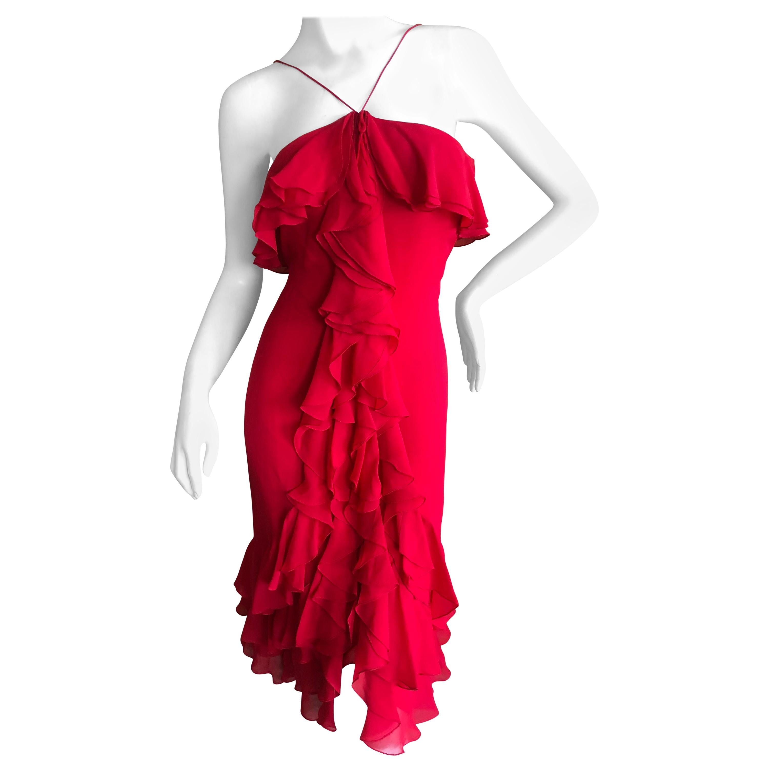 Bill Blass Vintage 1970's Ruffled Red Silk Dress  For Sale