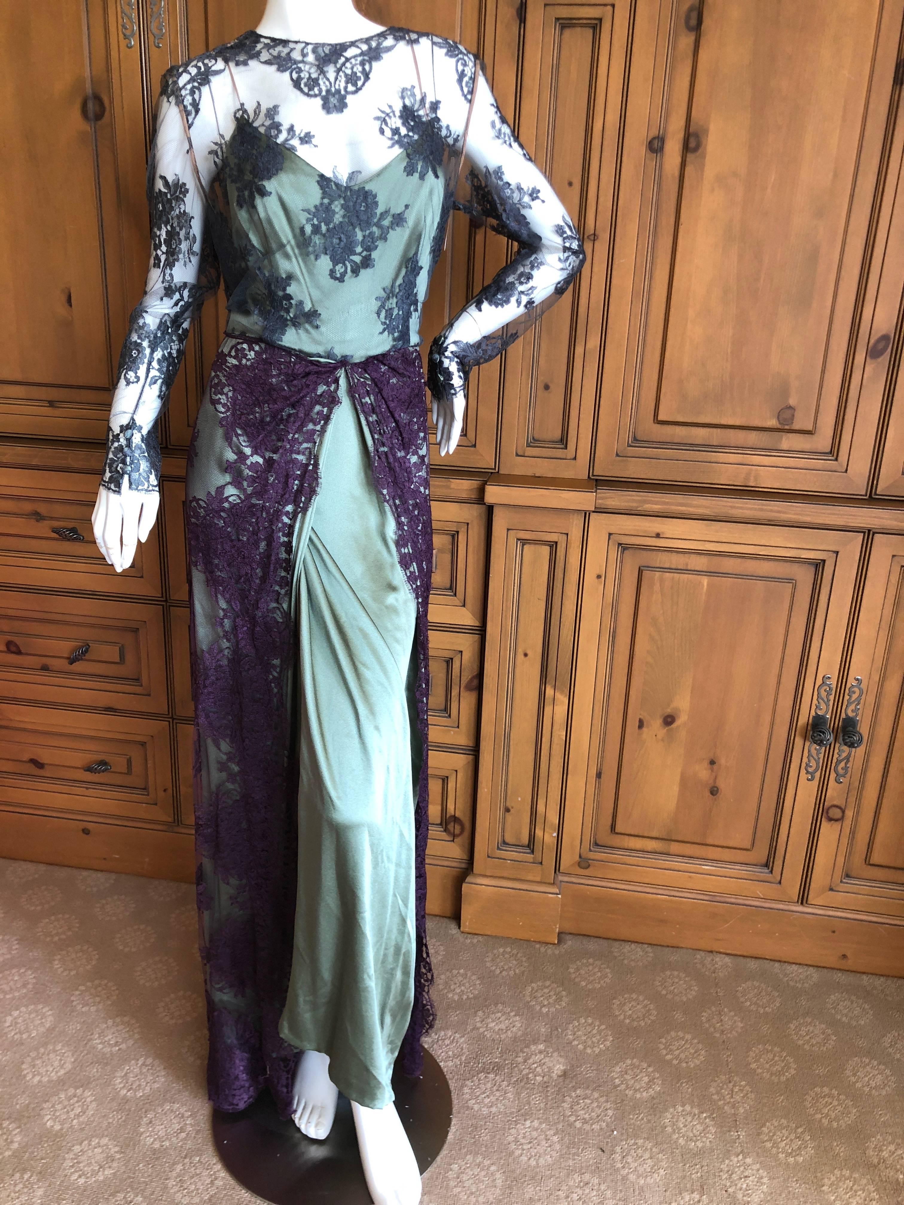 Bill Blass Vintage 1970's Silk Evening Dress with Lace Overlay Details In Excellent Condition For Sale In Cloverdale, CA