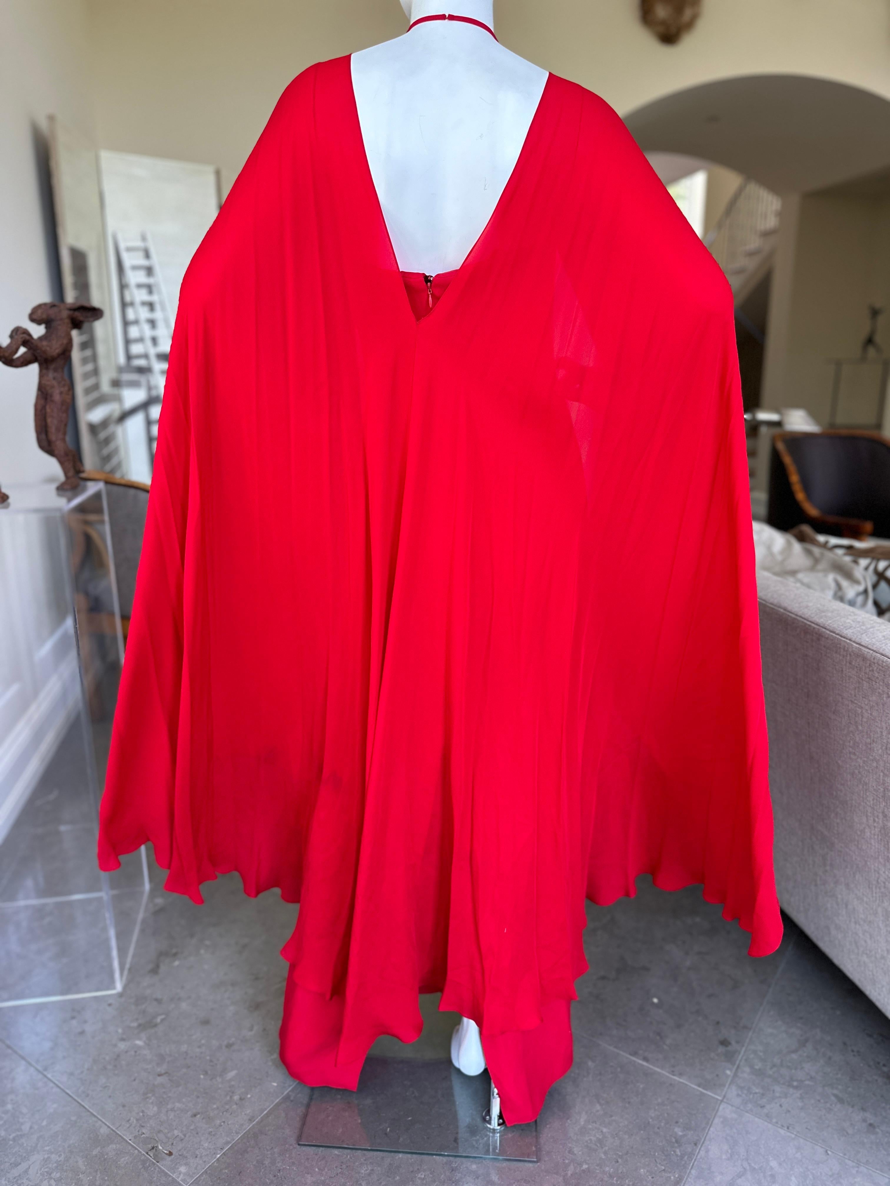 Bill Blass Vintage 1980's Red Silk Evening Dress with Attached Cape In Excellent Condition For Sale In Cloverdale, CA