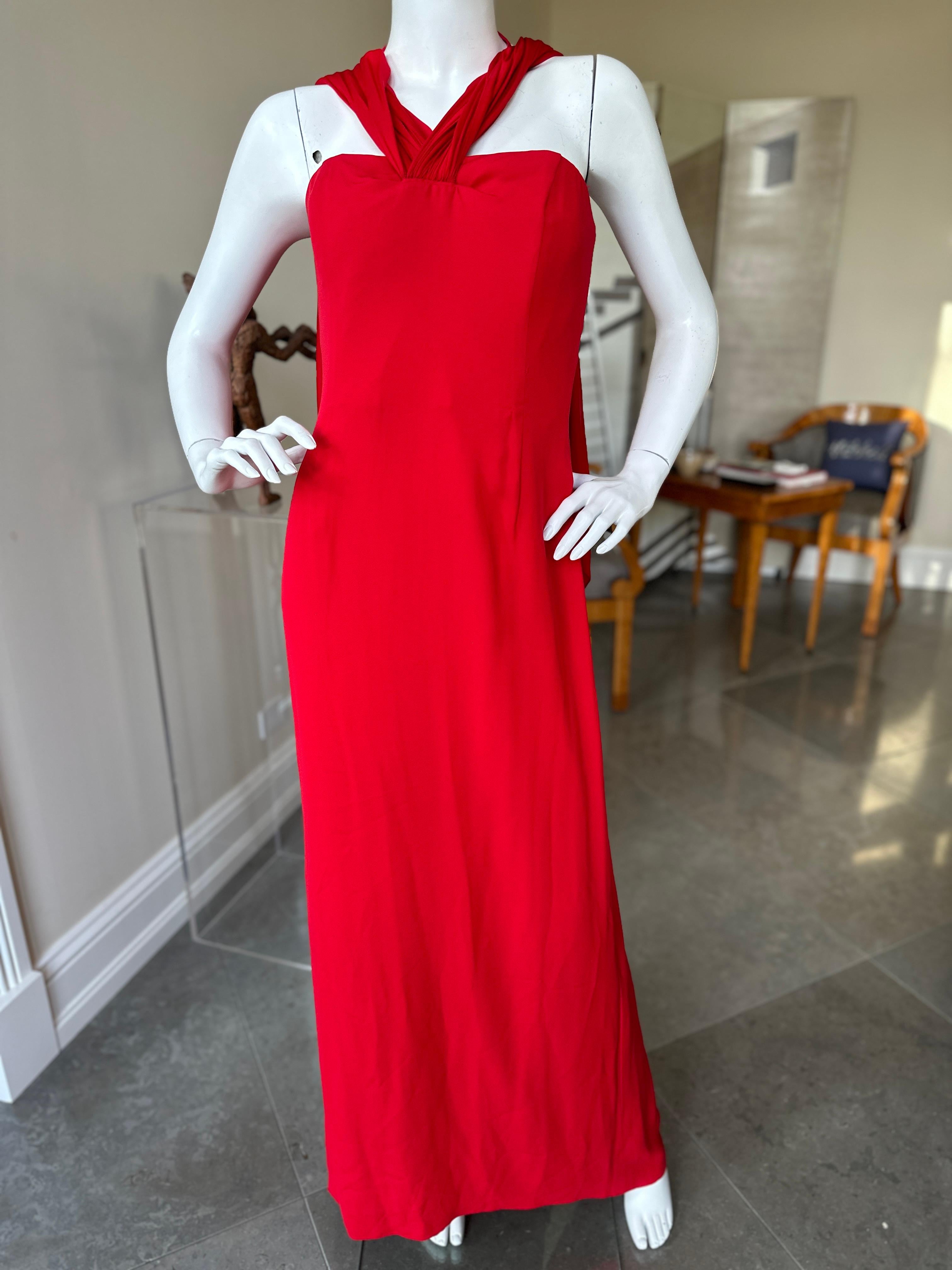 Bill Blass Vintage 1980's Red Silk Evening Dress with Attached Cape For Sale 1
