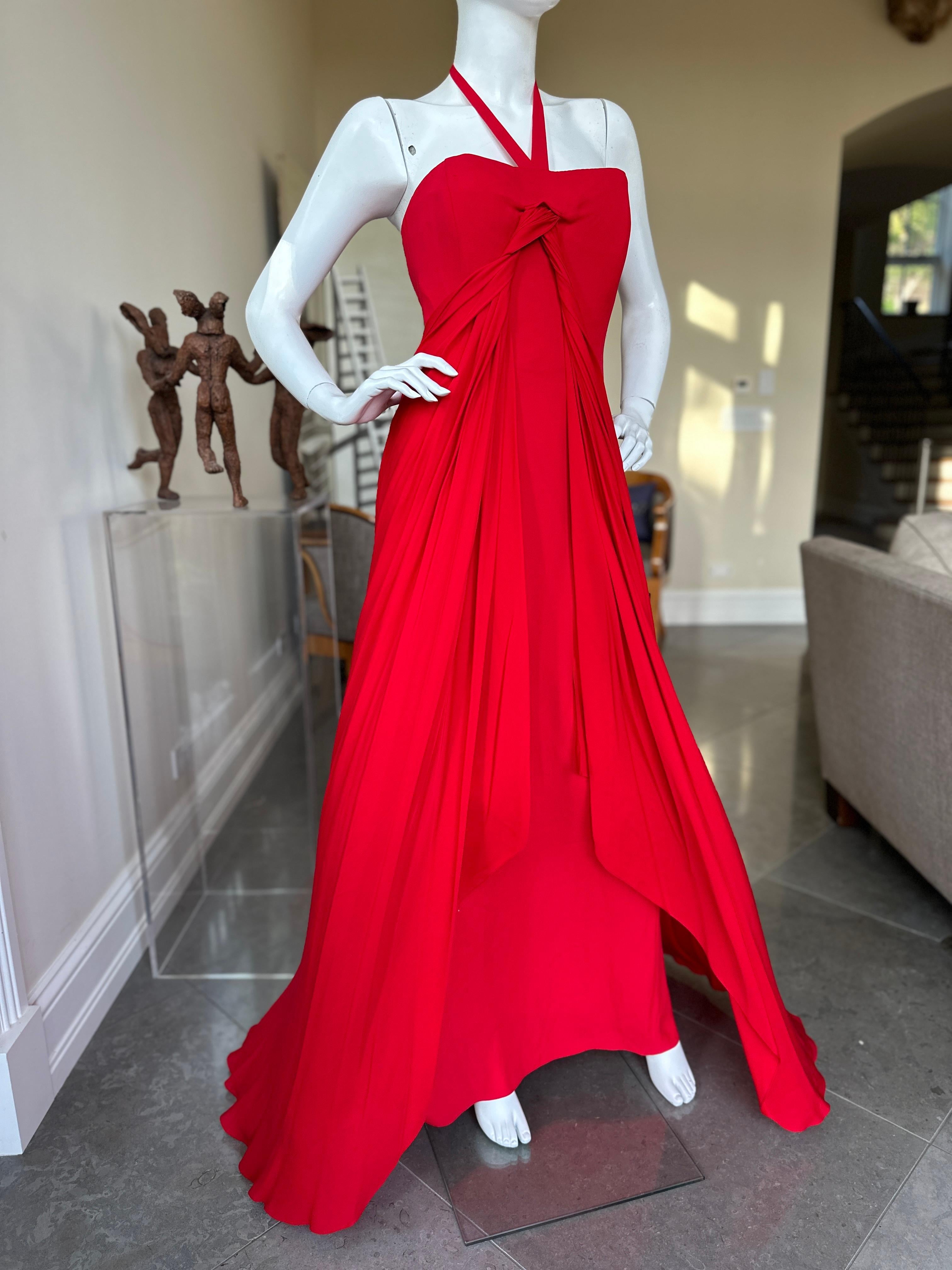 Bill Blass Vintage 1980's Red Silk Evening Dress with Attached Cape For Sale 2