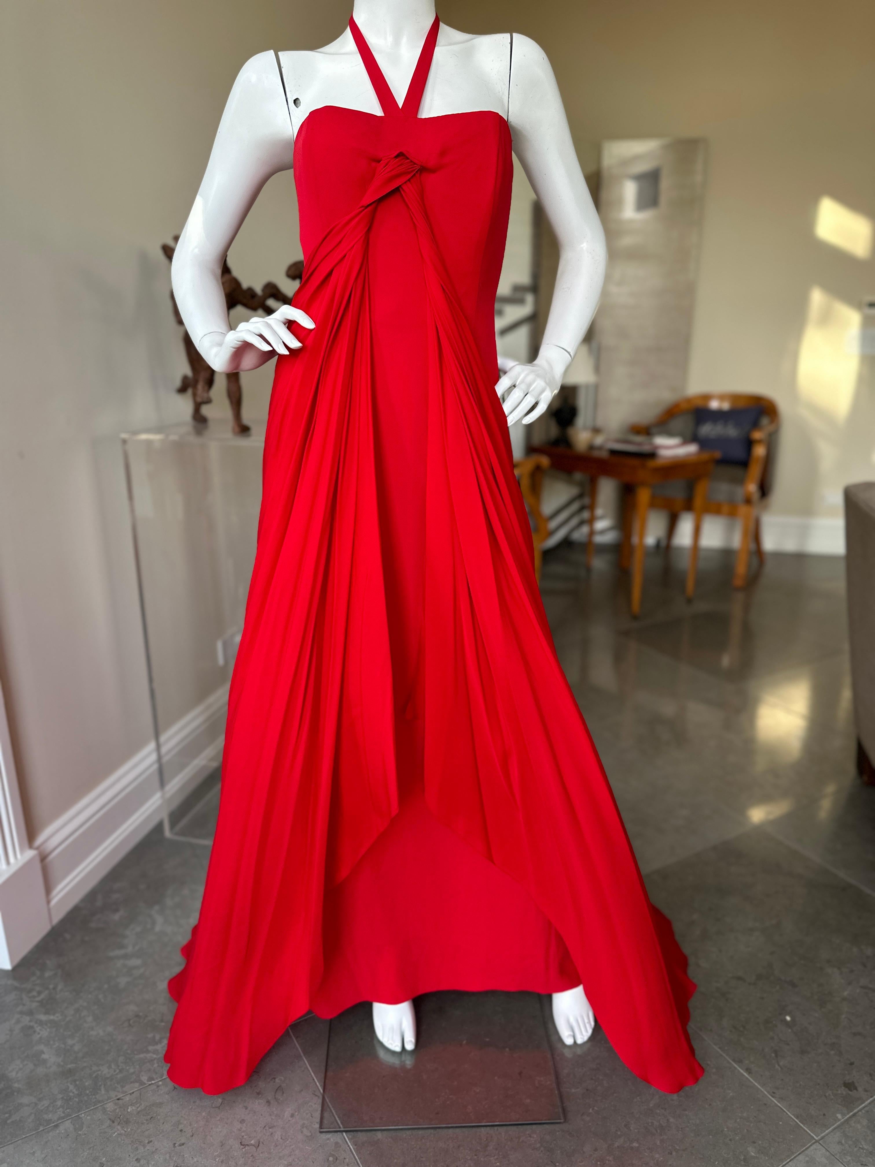 Bill Blass Vintage 1980's Red Silk Evening Dress with Attached Cape For Sale 3