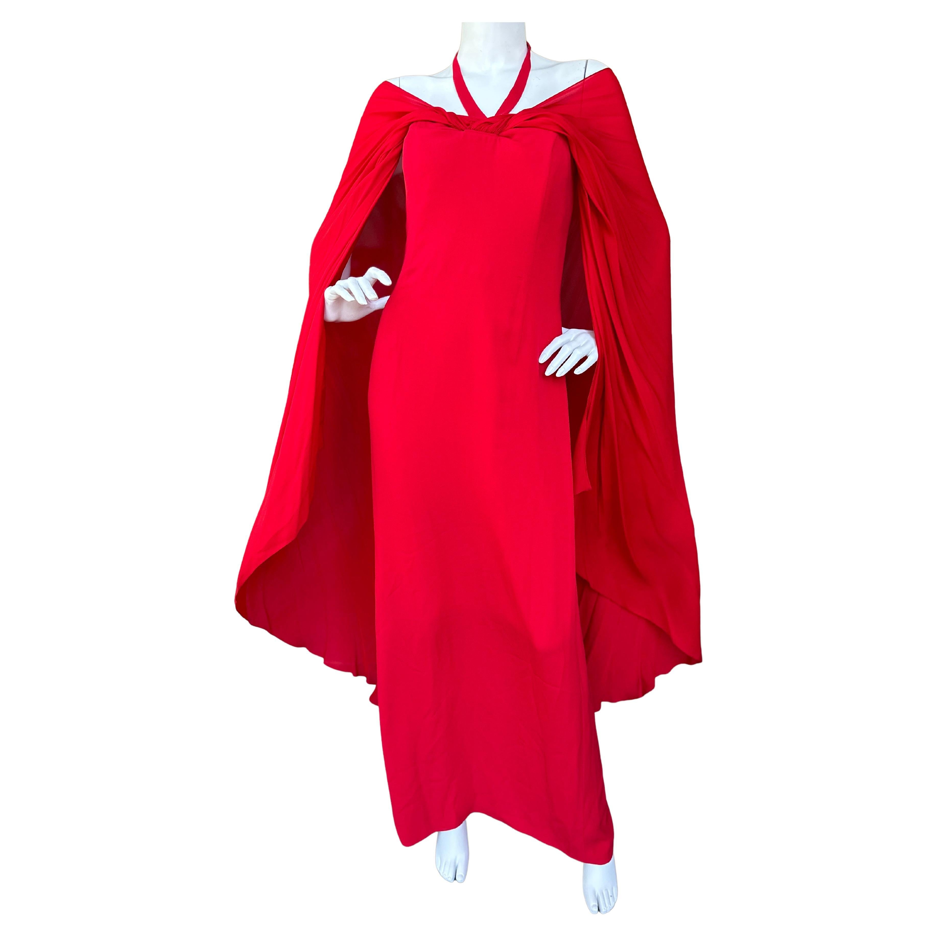 Bill Blass Vintage 1980's Red Silk Evening Dress with Attached Cape For Sale