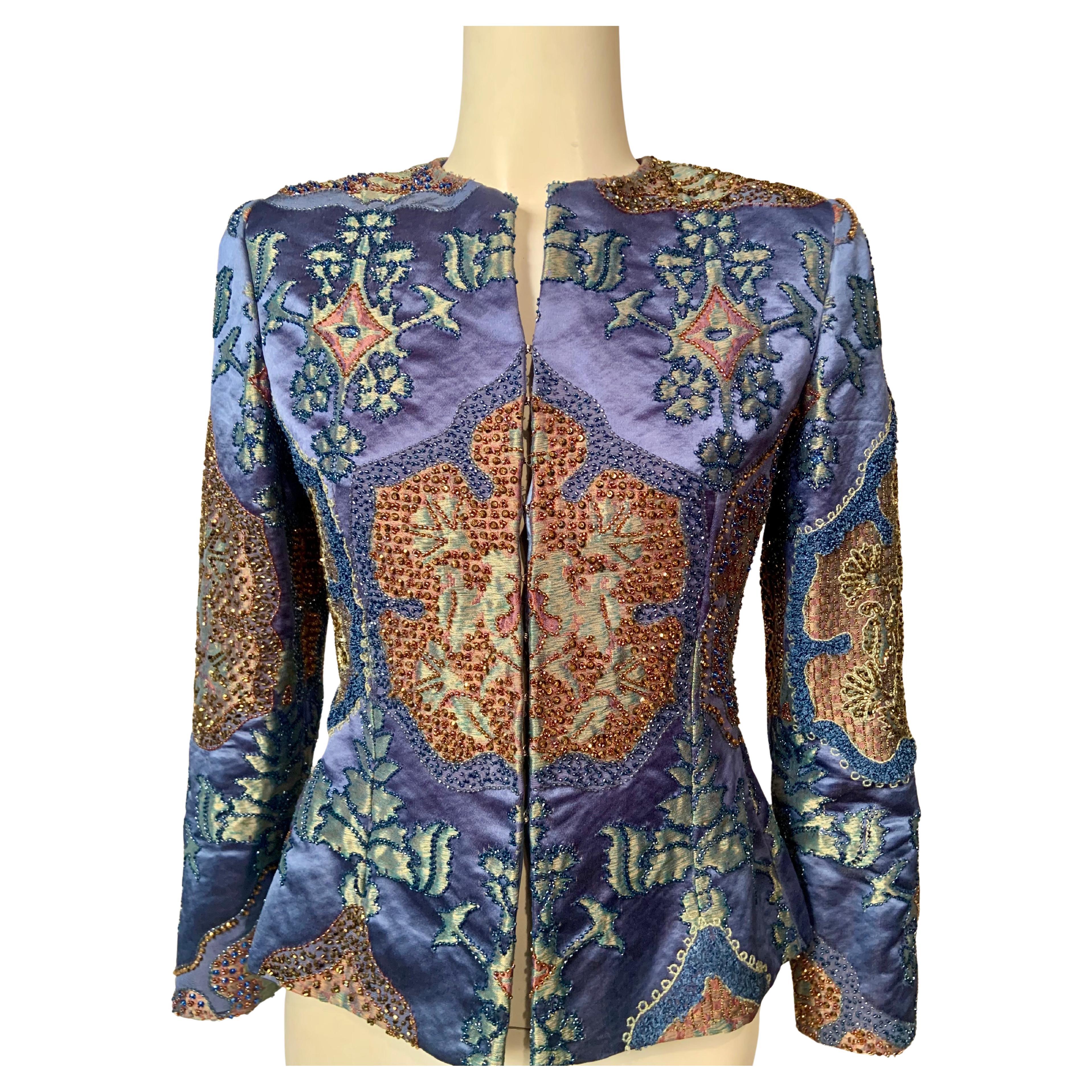 Bill Blass Vintage Beaded and Embroidered Blue Silk and Metallic Thread Jacket