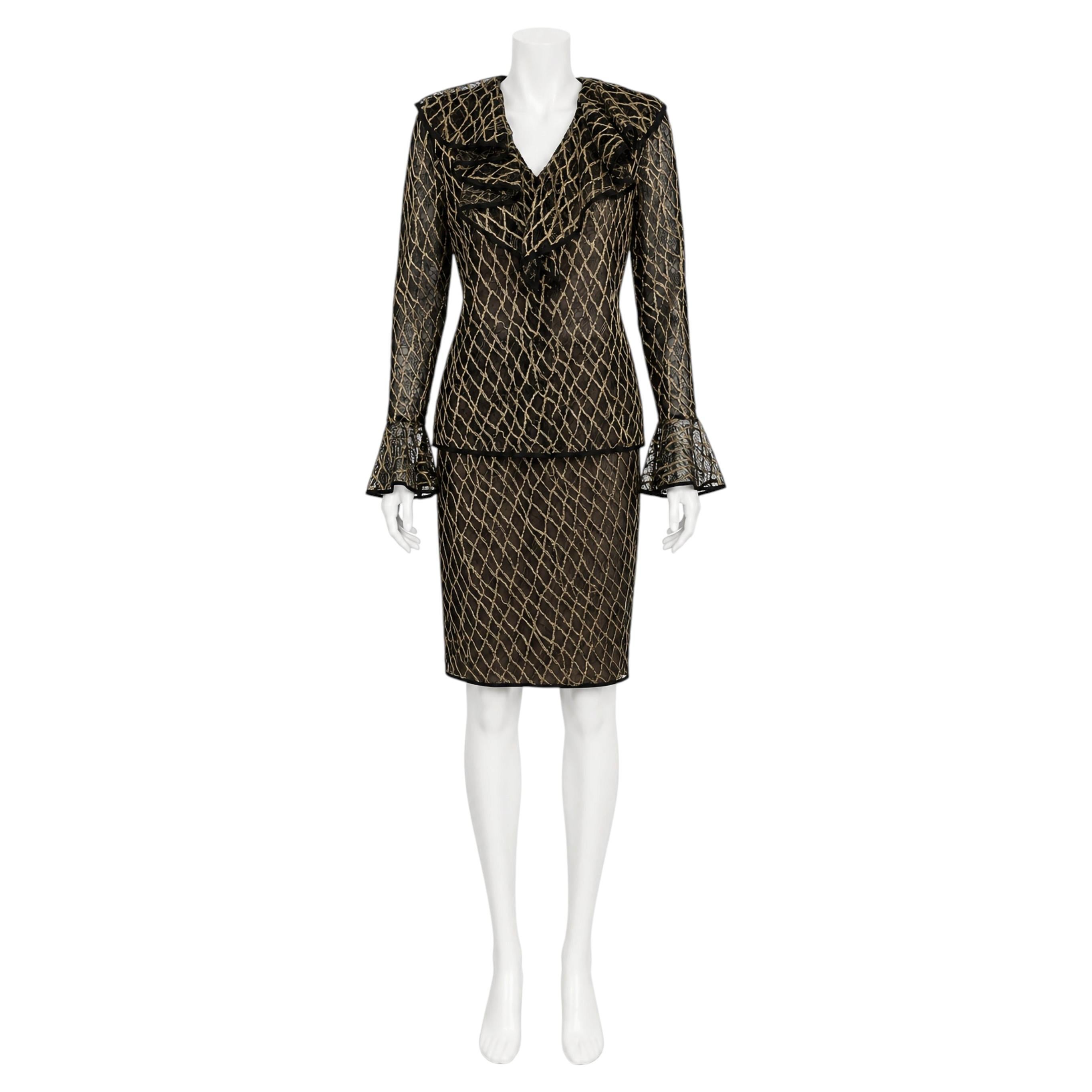 Ensemble cocktail Bill Blass vintage en soie et dentelle noire et dorée, années 1990 en vente