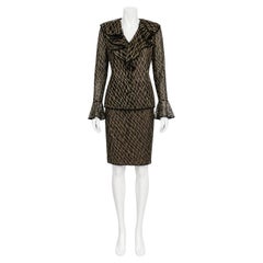 Bill Blass Vintage Black Gold Lace Silk Cocktail Skirt Suit Ensemble 1990s
