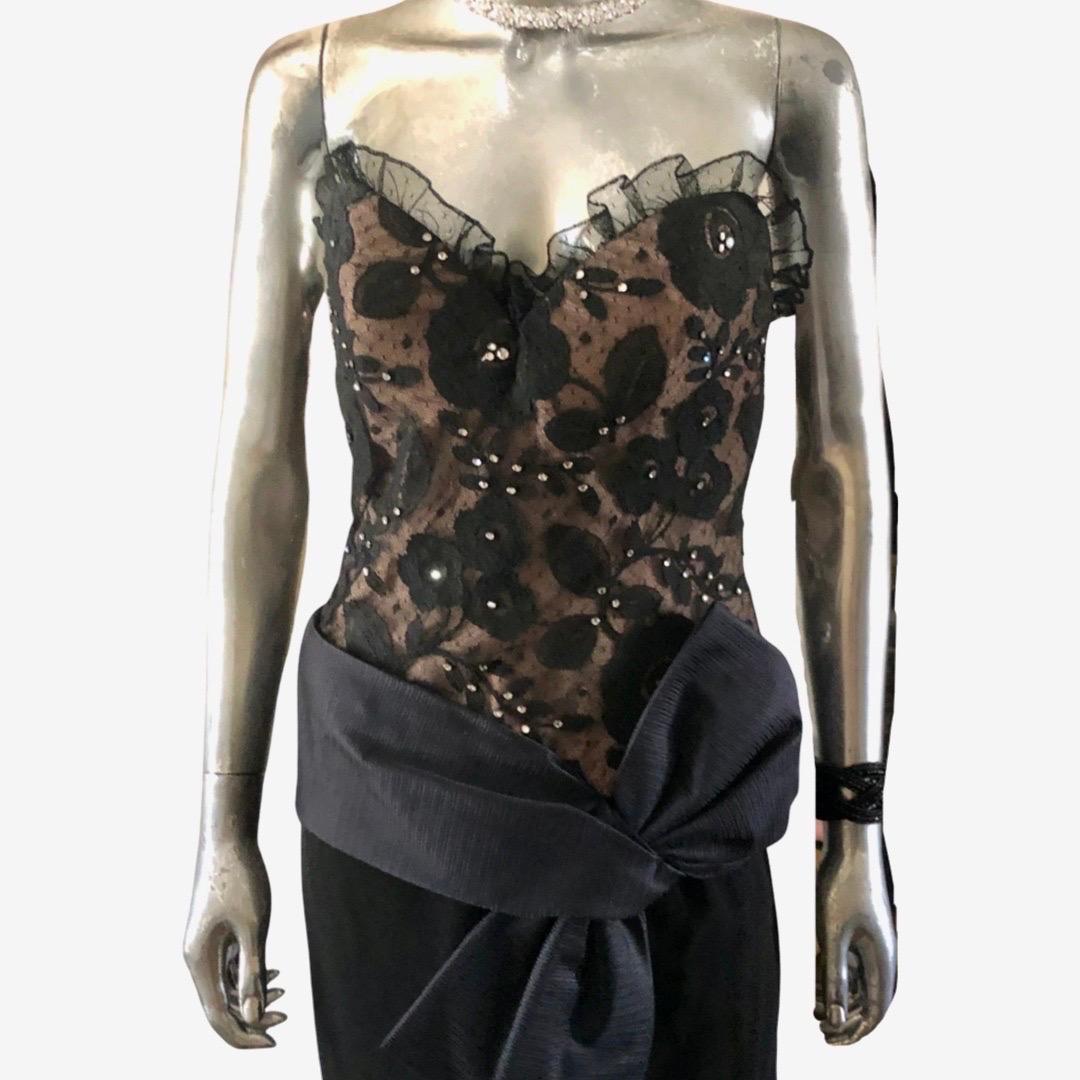 Bill Blass Vintage Black Jeweled Lace Cocktail Dress w/Bow Size 6/8  2
