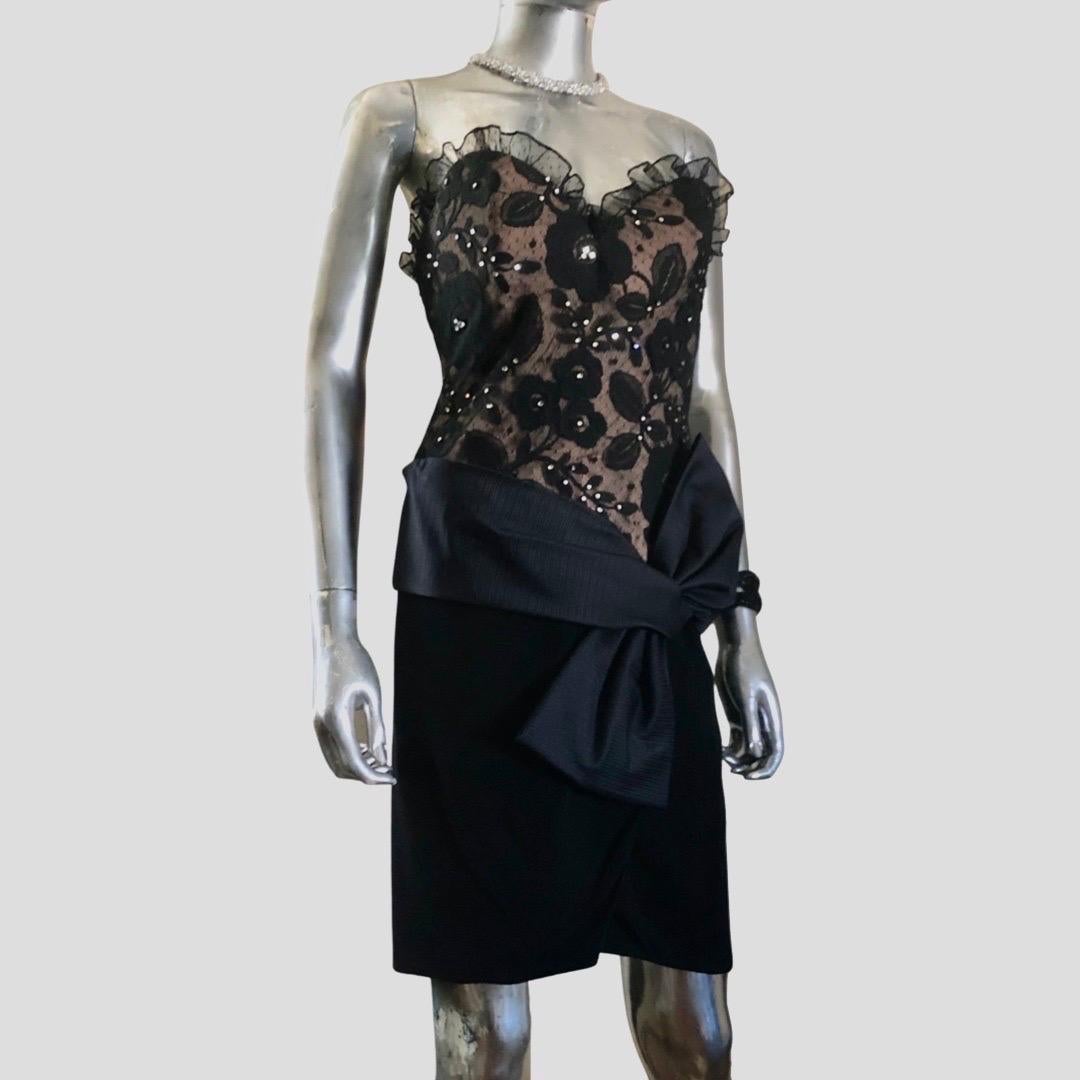 Bill Blass Vintage Black Jeweled Lace Cocktail Dress w/Bow Size 6/8  3