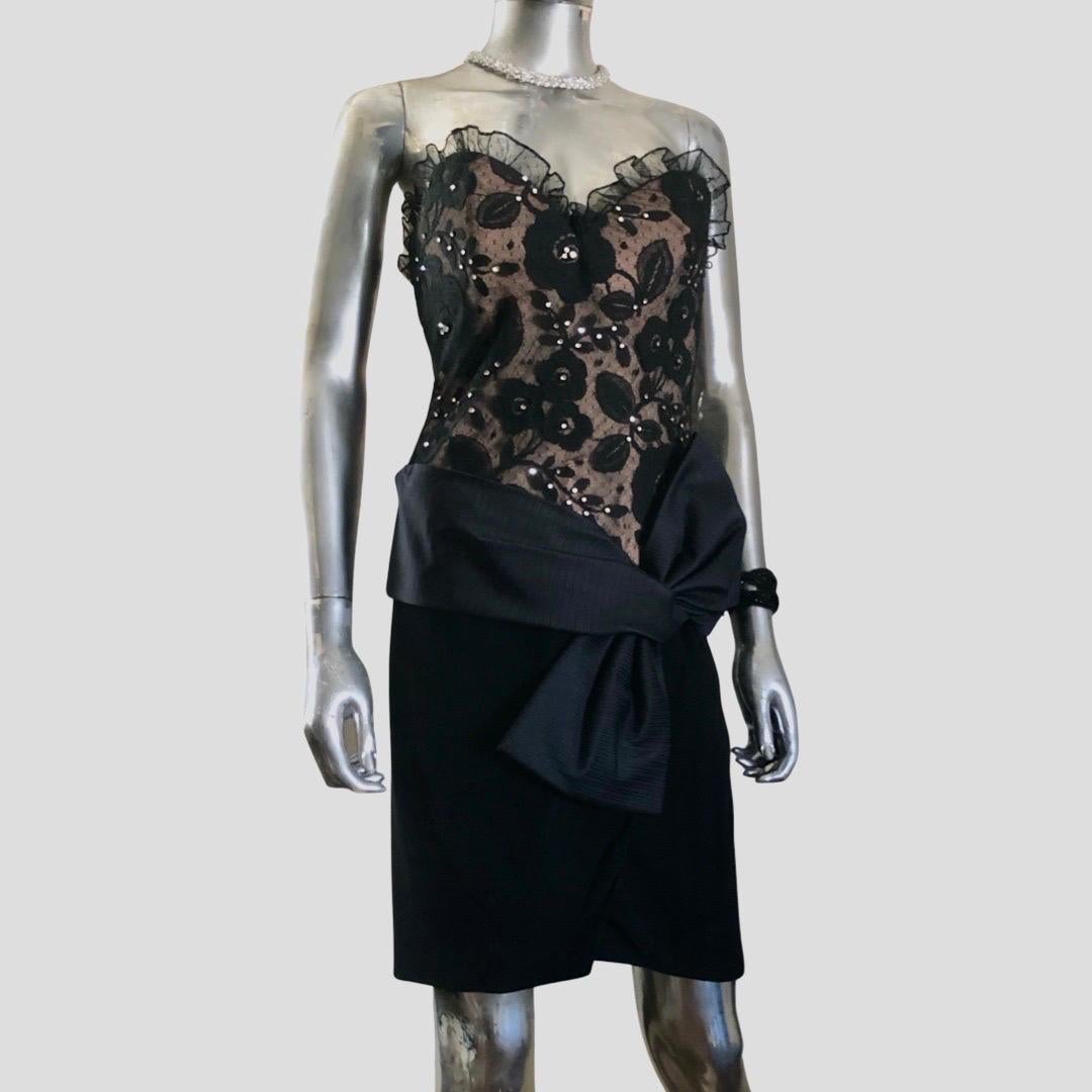 Women's Bill Blass Vintage Black Jeweled Lace Cocktail Dress w/Bow Size 6/8 