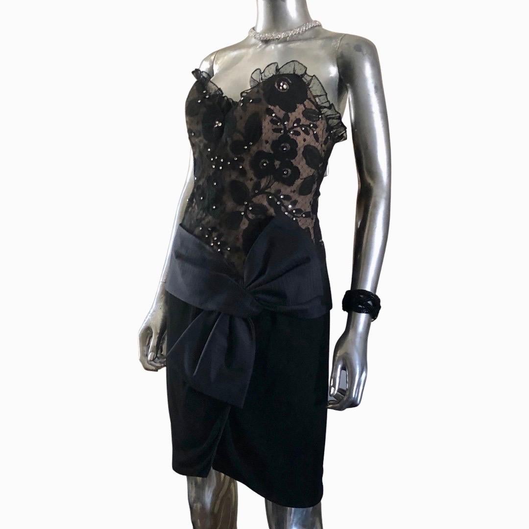 Bill Blass Vintage Black Jeweled Lace Cocktail Dress w/Bow Size 6/8  1