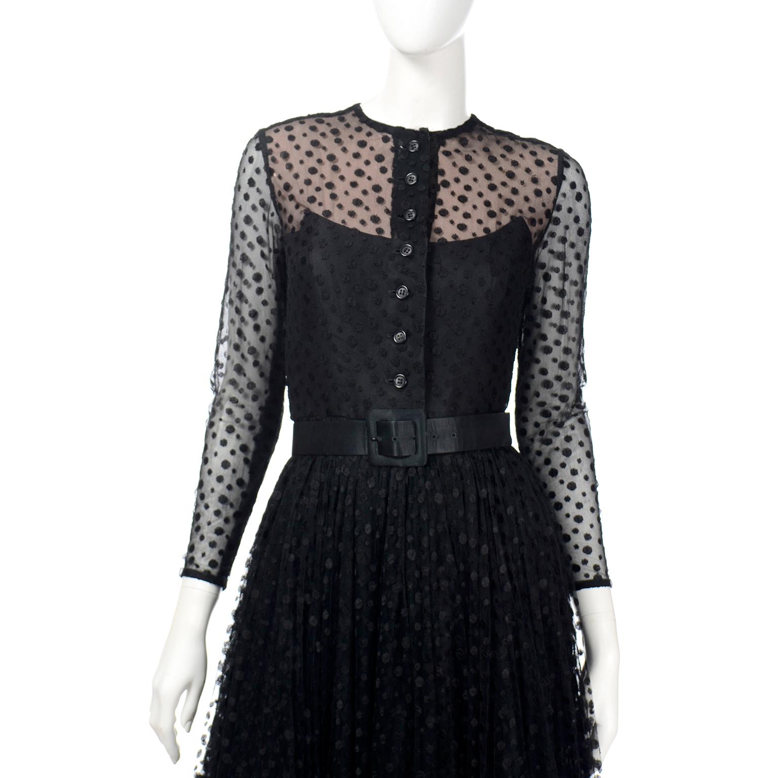 1970s Bill Blass Vintage Dress Black Silk Taffeta & Polka Dot Tulle Evening Gown For Sale 5