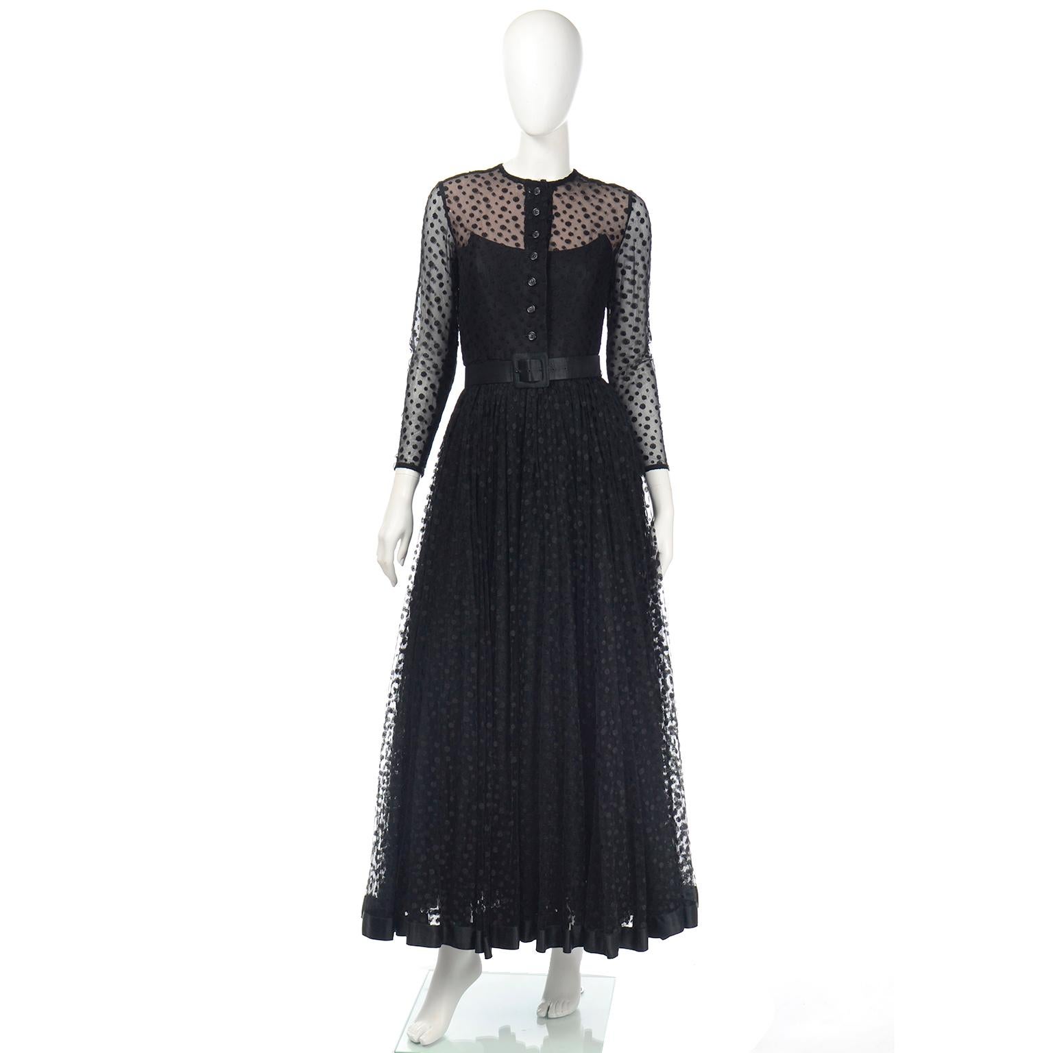 1970s Bill Blass Vintage Dress Black Silk Taffeta & Polka Dot Tulle Evening Gown For Sale 6