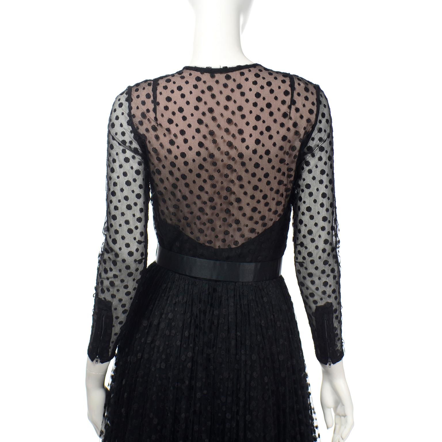 1970s Bill Blass Vintage Dress Black Silk Taffeta & Polka Dot Tulle Evening Gown For Sale 9