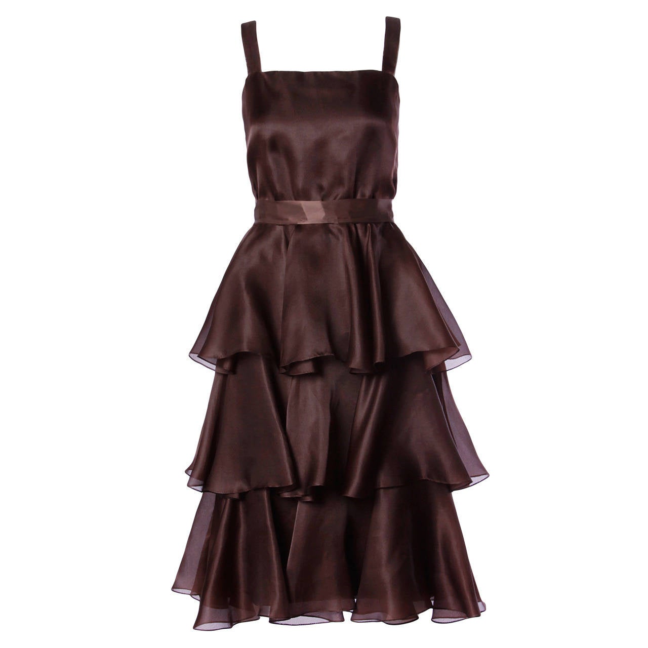 Bill Blass Vintage Brown Chocolate Brown Tiered Silk Party Dress (Robe de soirée en soie à volants) en vente