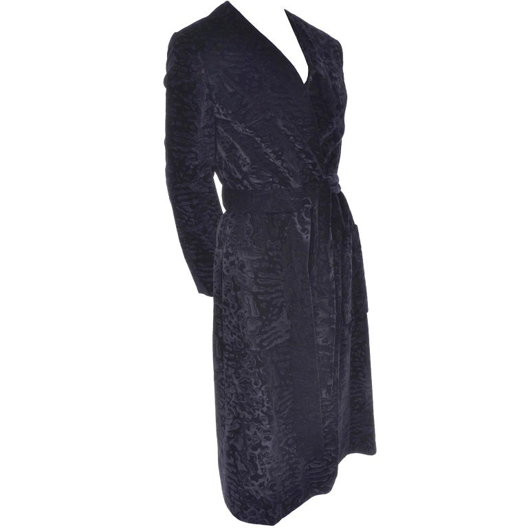 Bill Blass Vintage Coat in Black Flocked Velvet With Pockets and Belt ...