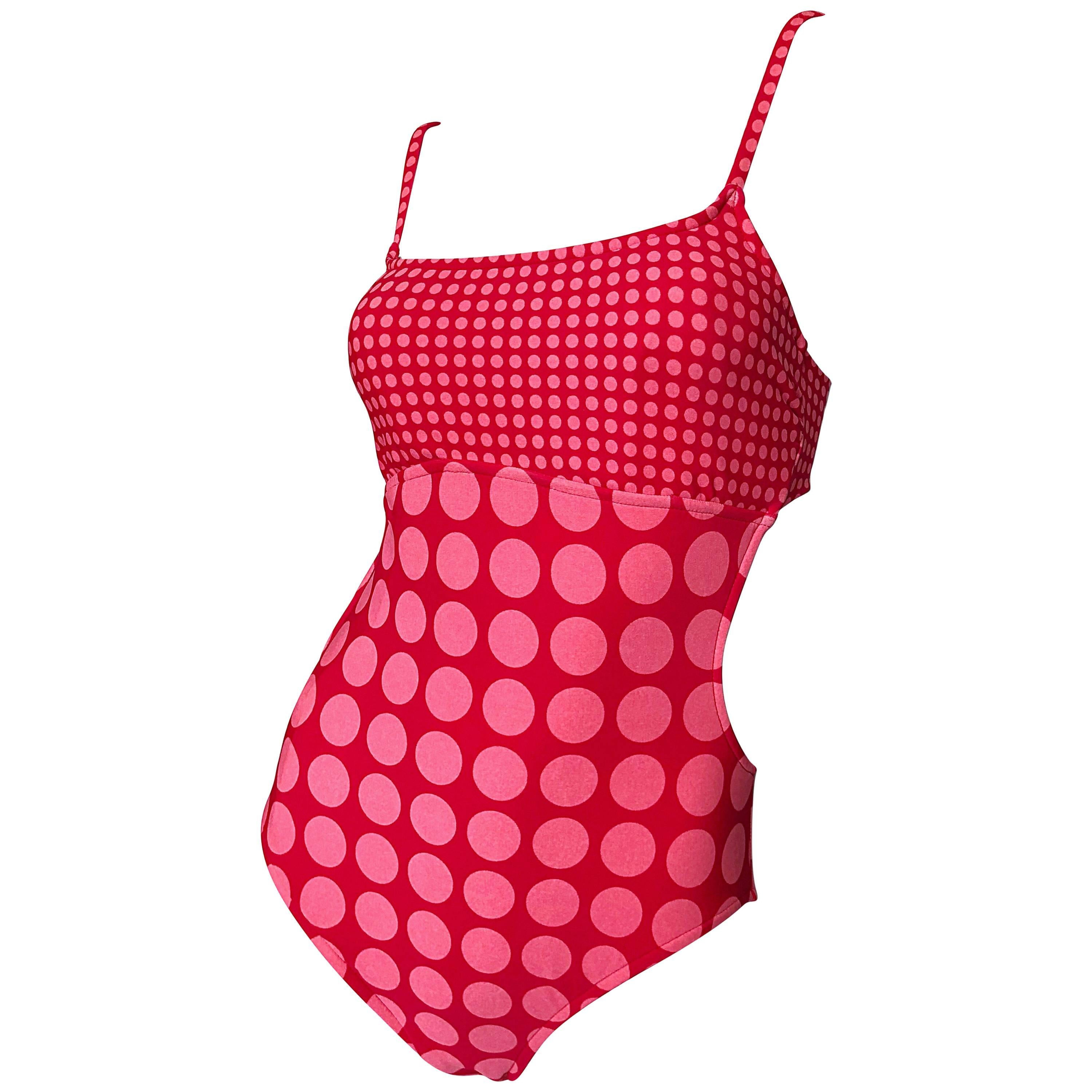 Bill Blass Vintage Cut Out 1990er Jahre Rosa Rot Polka Dot Einteiliger Bodysuit Badeanzug