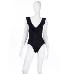 Bill Blass Vintage Deadstock Black Ruffled One Piece Swimsuit W Plunging Back
