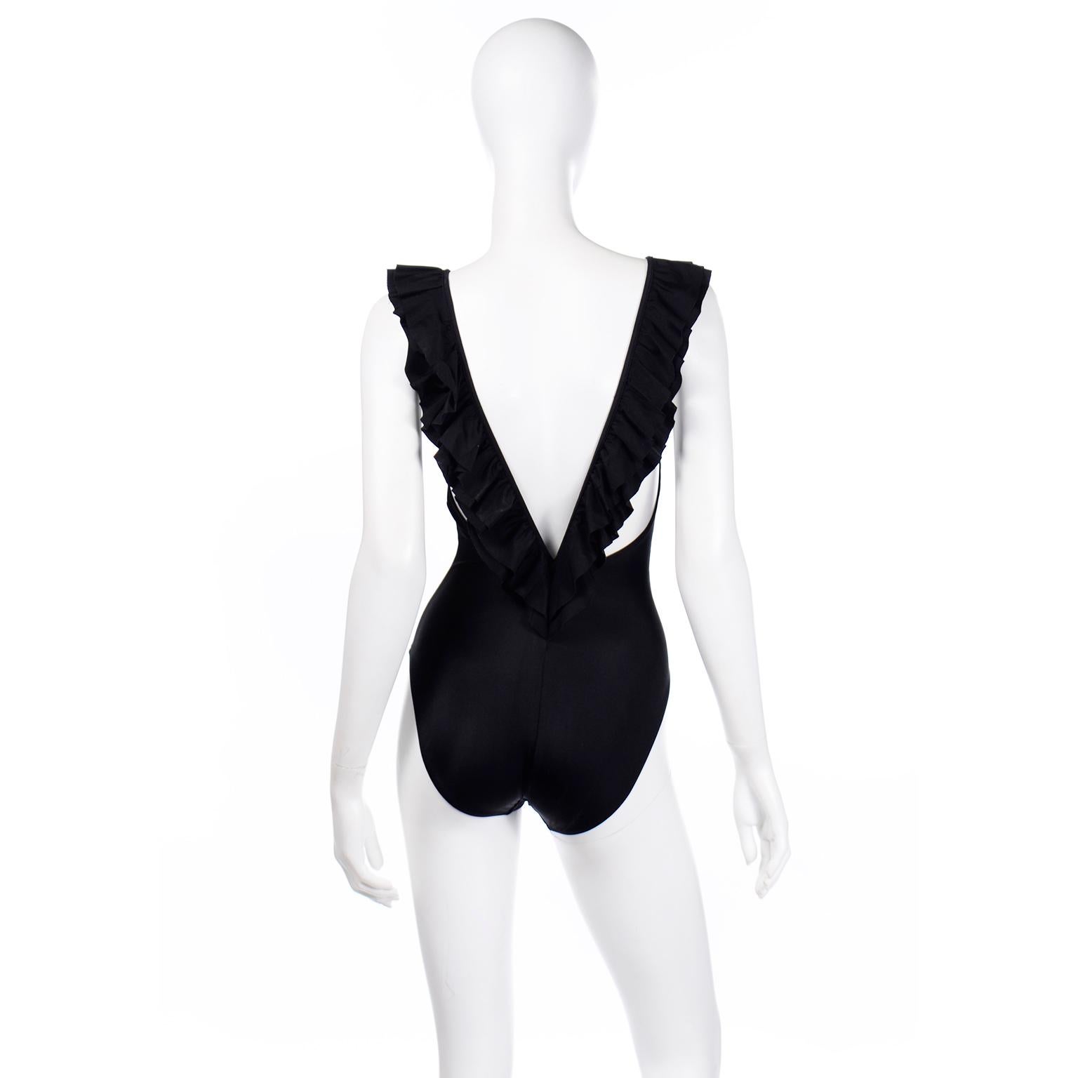 Bill Blass Vintage Deadstock Black Ruffled One Piece Swimsuit W Plunging Back In Excellent Condition For Sale In Portland, OR