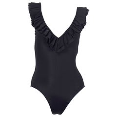 Bill Blass Vintage Deadstock Black Ruffled One Piece Swimsuit W Plunging Back
