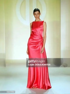 1970s Bill Blass Coral Silk Twill Evening Gown with Sculptural Twist Drape