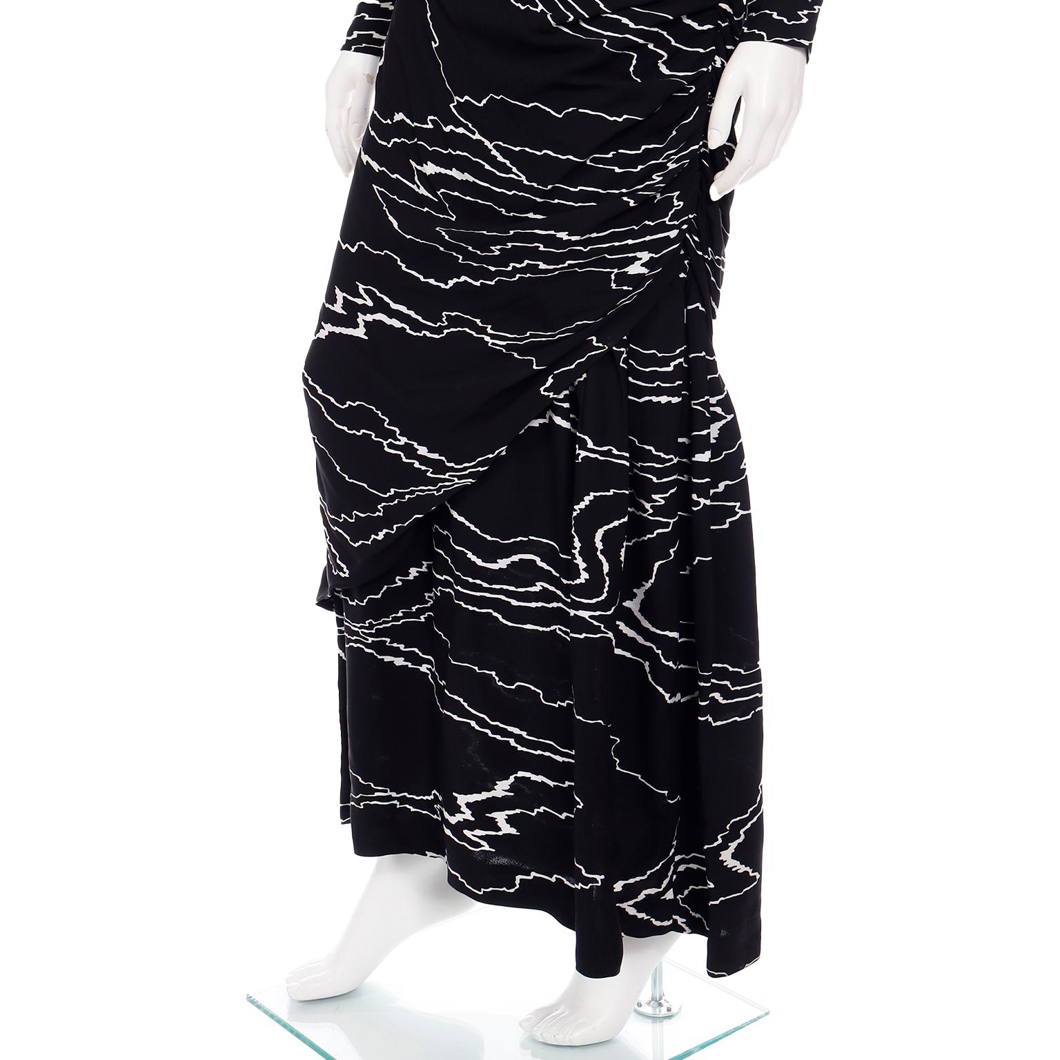 1985 Bill Blass Vintage Runway Dress Abstract Black White Evening Gown Draping For Sale 10