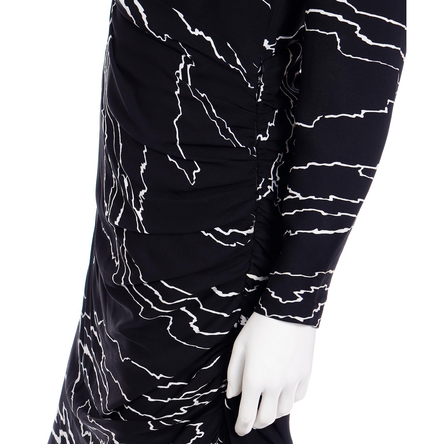 1985 Bill Blass Vintage Runway Dress Abstract Black White Evening Gown Draping For Sale 11