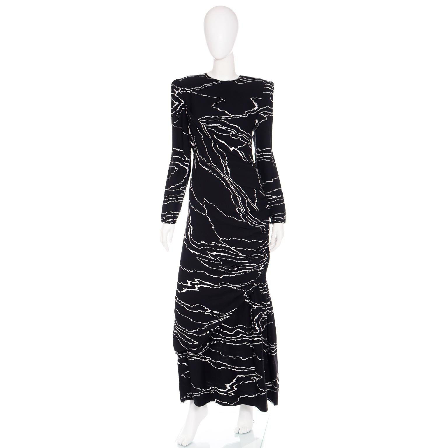 1985 Bill Blass Vintage Runway Dress Abstract Black White Evening Gown Draping For Sale 1