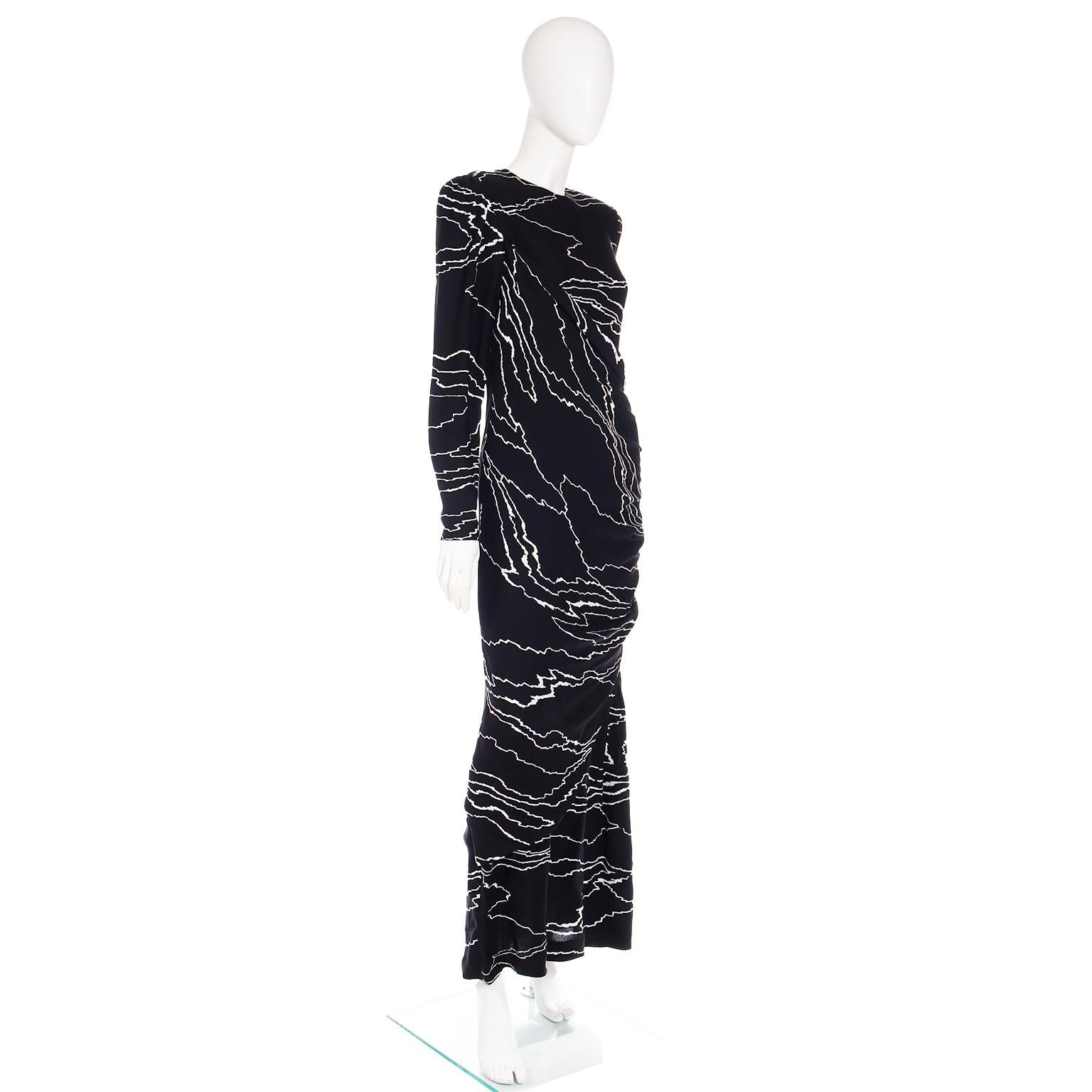 1985 Bill Blass Vintage Runway Dress Abstract Black White Evening Gown Draping For Sale 2