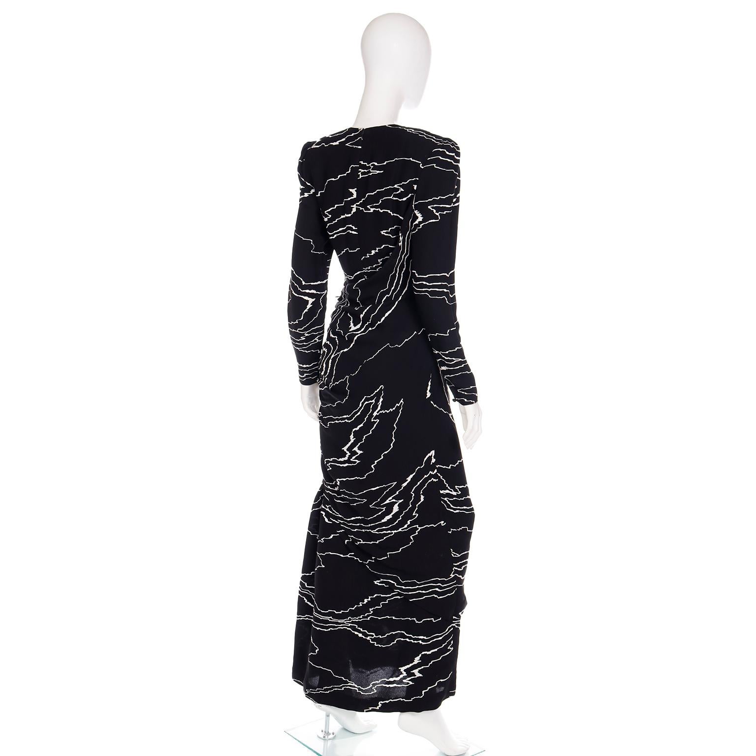 1985 Bill Blass Vintage Runway Dress Abstract Black White Evening Gown Draping For Sale 3
