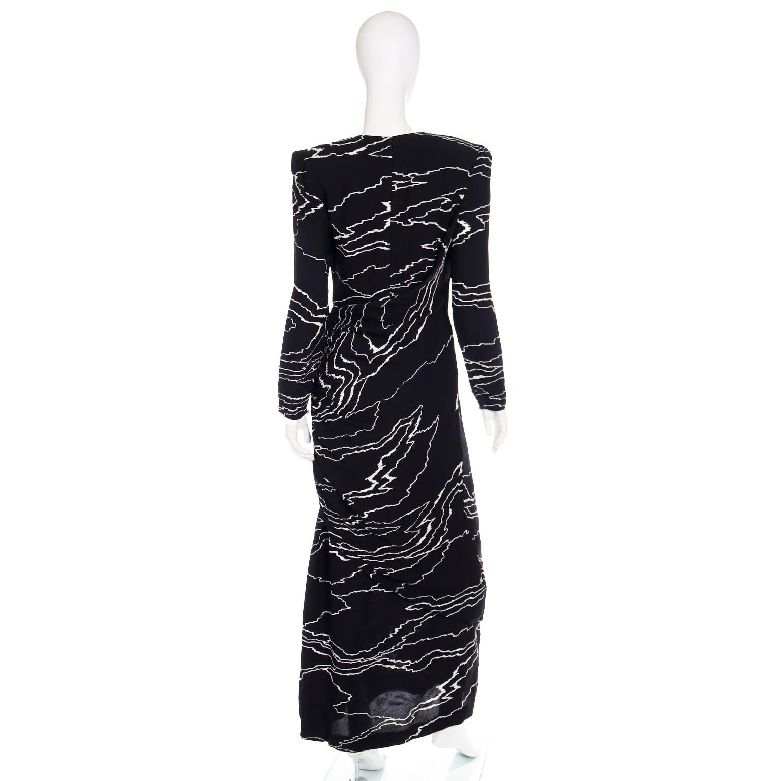 1985 Bill Blass Vintage Runway Dress Abstract Black White Evening Gown Draping For Sale 4