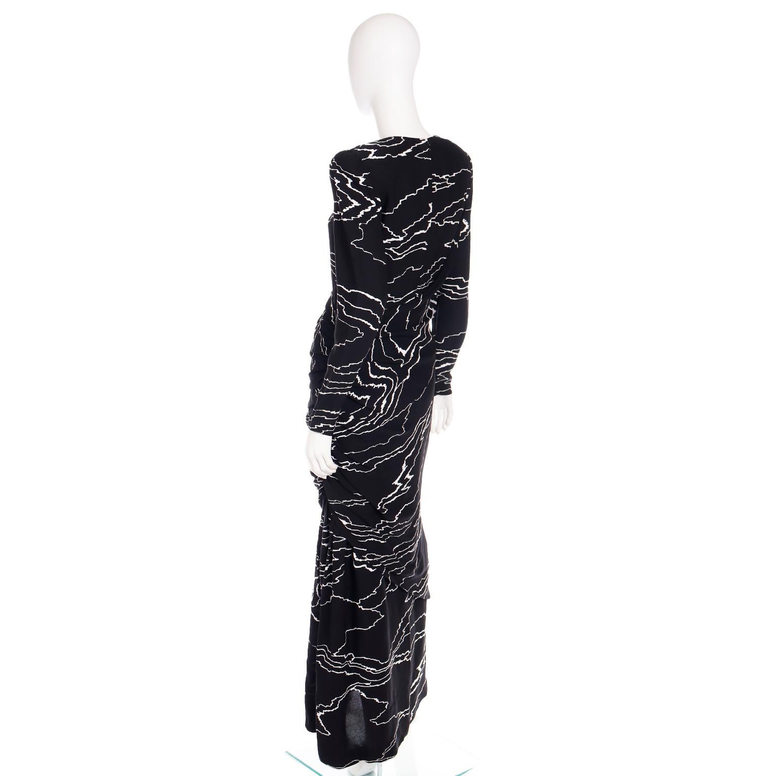 1985 Bill Blass Vintage Runway Dress Abstract Black White Evening Gown Draping For Sale 5