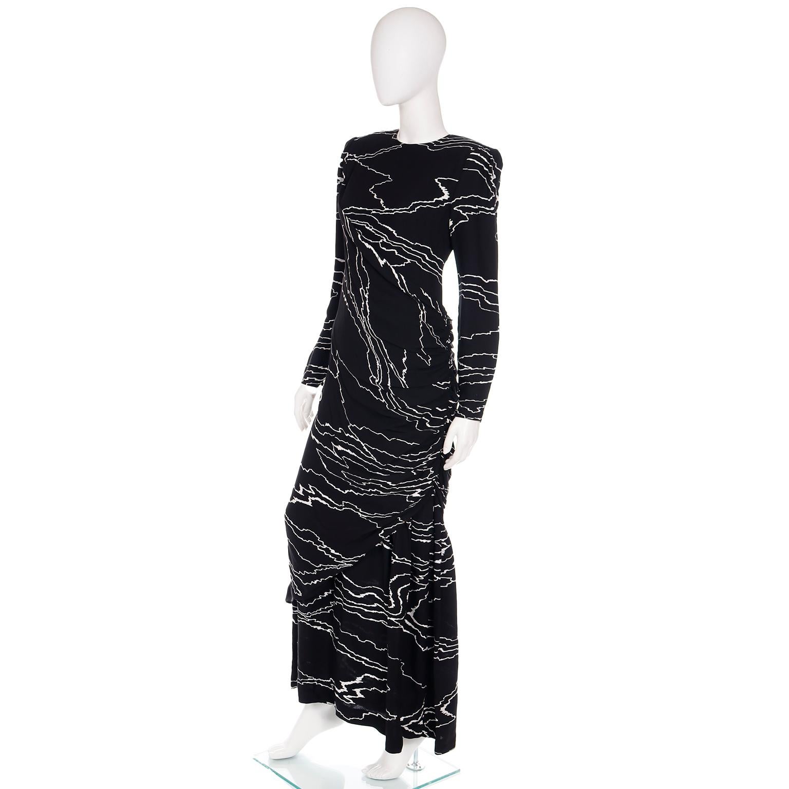 1985 Bill Blass Vintage Runway Dress Abstract Black White Evening Gown Draping For Sale 6