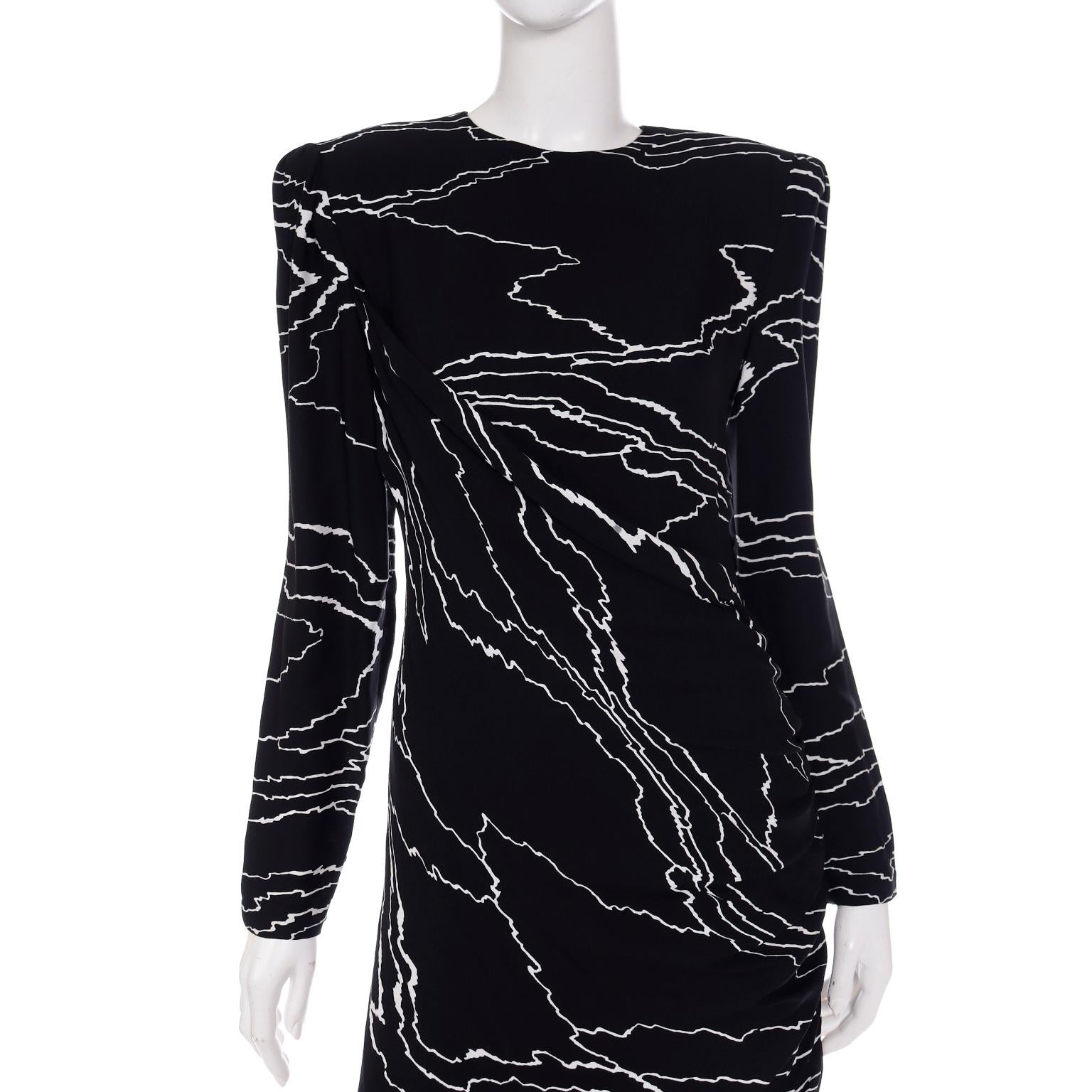 1985 Bill Blass Vintage Runway Dress Abstract Black White Evening Gown Draping For Sale 7