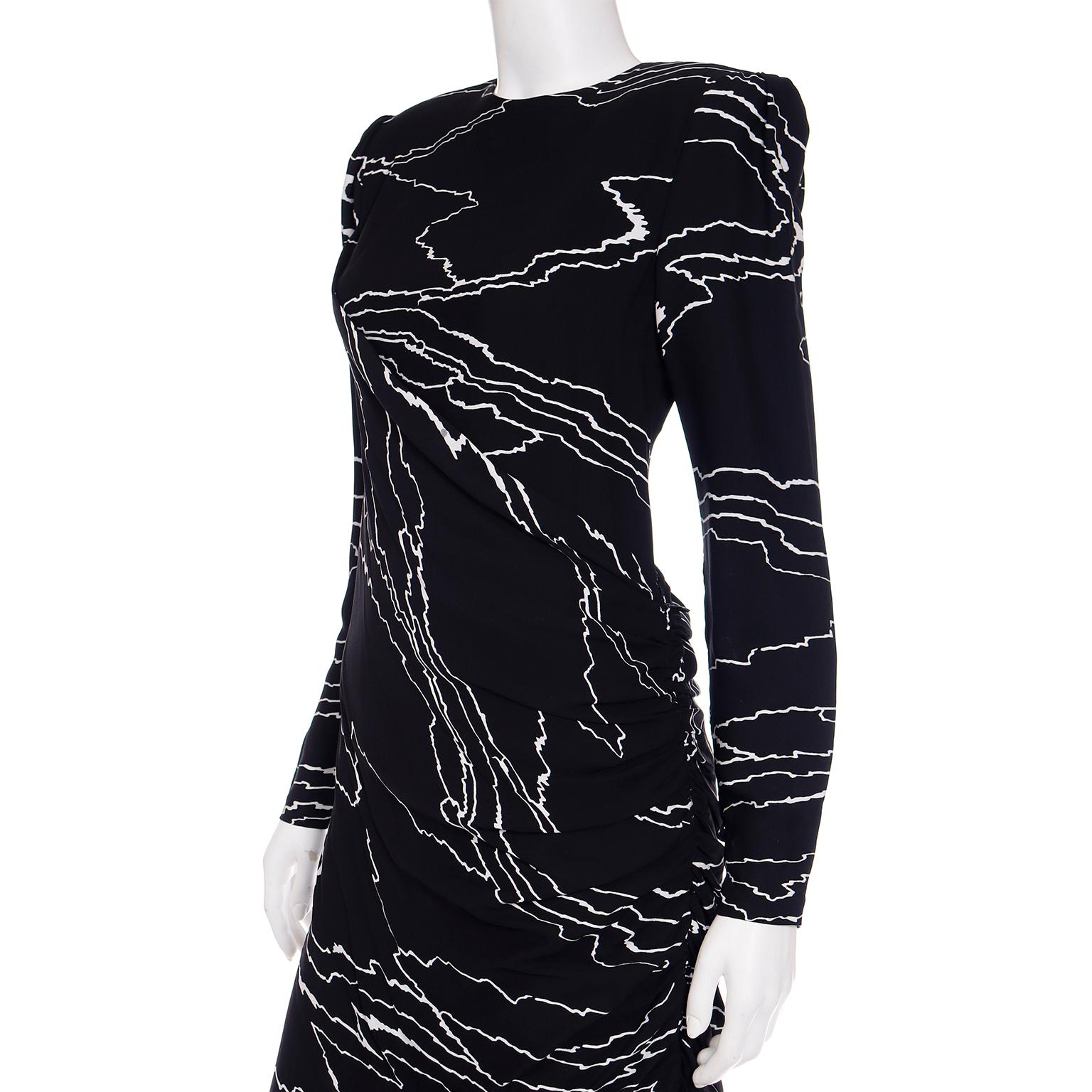 1985 Bill Blass Vintage Runway Dress Abstract Black White Evening Gown Draping For Sale 8