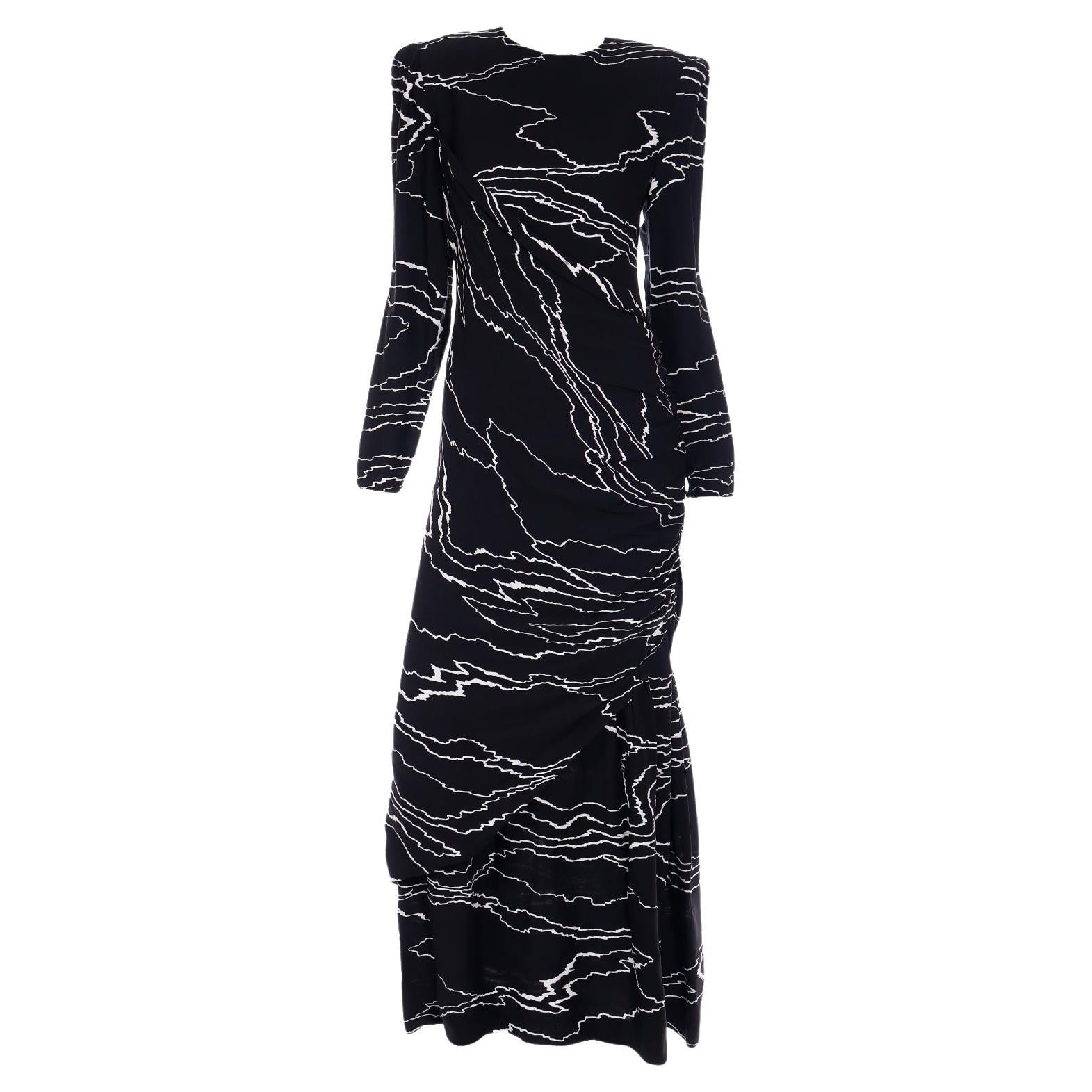 1985 Bill Blass Vintage Runway Dress Abstract Black White Evening Gown Draping For Sale