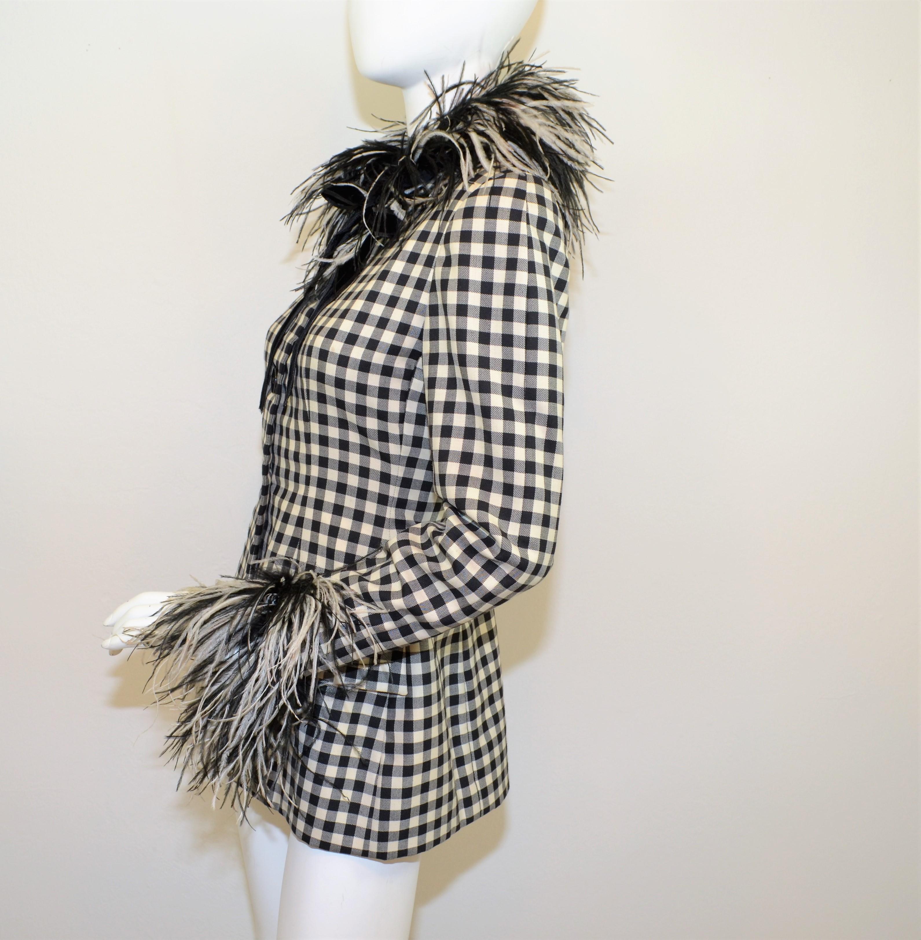 Bill Blass Vintage Jacket with Feather Collar & Cuffs -- Featured in a black and white gingham pattern with a velvet tie at the neck, maribou feather trim collar and removable cuff trimmings. Jacket has button closures at the front and is fully