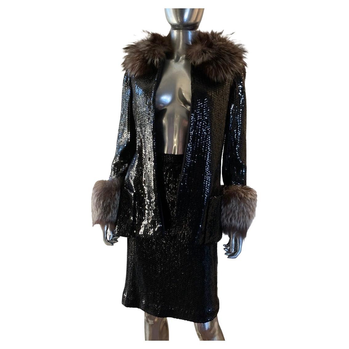 Bill Blass Vintage Black Sequin Suit With Removable Fox Collar & Cuffs Size 6-8