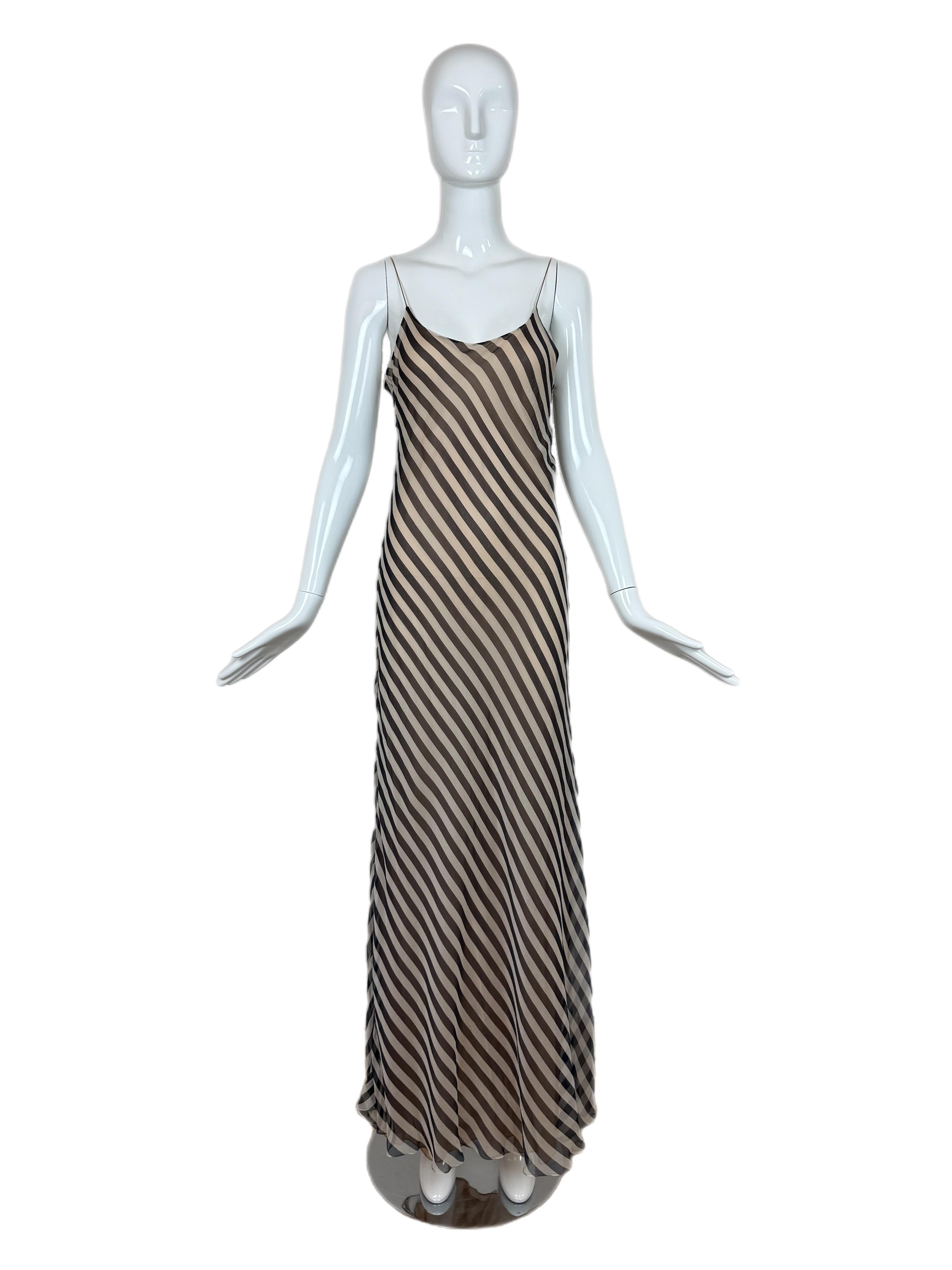 Gris BILL BLASS Robe longue en soie rayée vintage Marine + Nude en vente