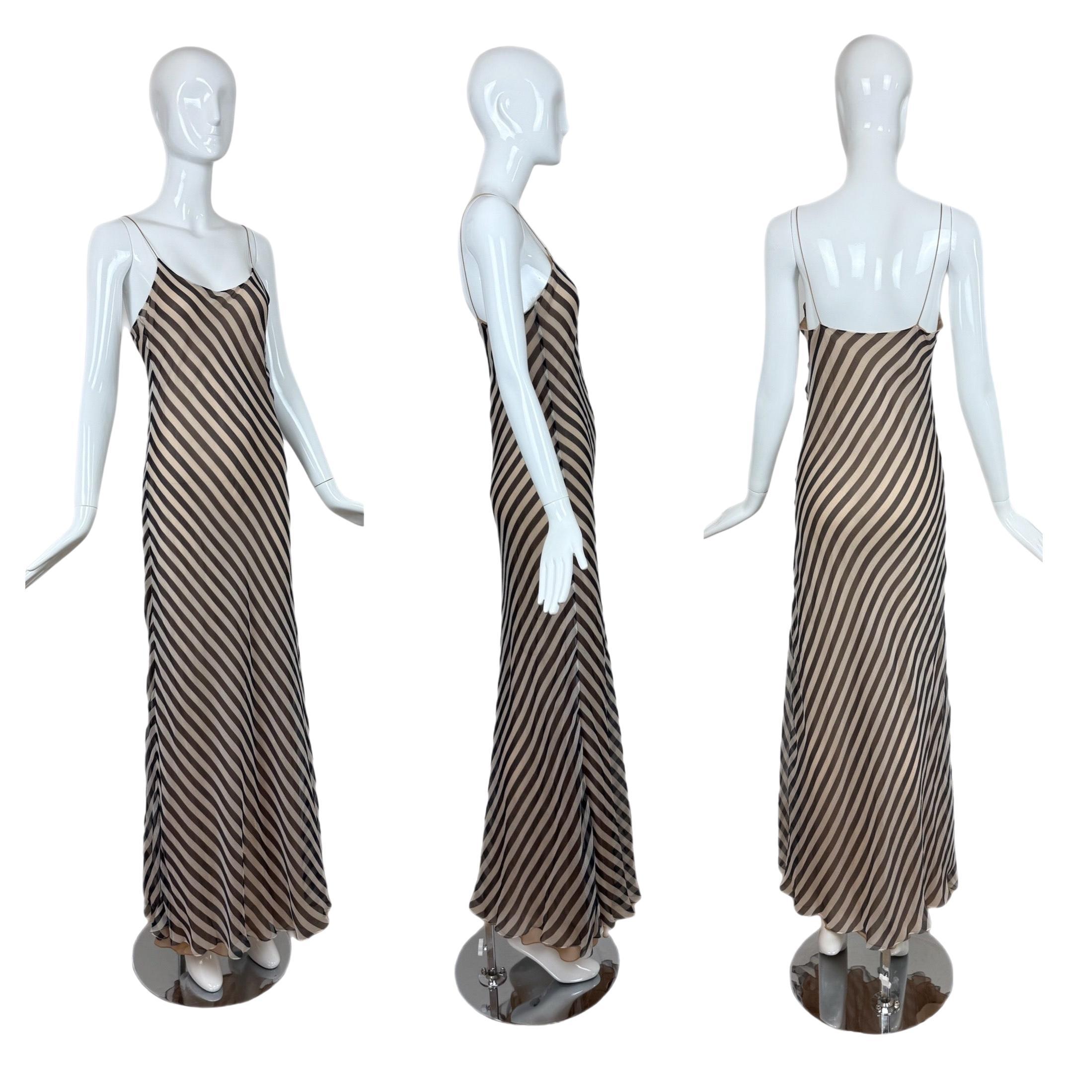 BILL BLASS Robe longue en soie rayée vintage Marine + Nude en vente